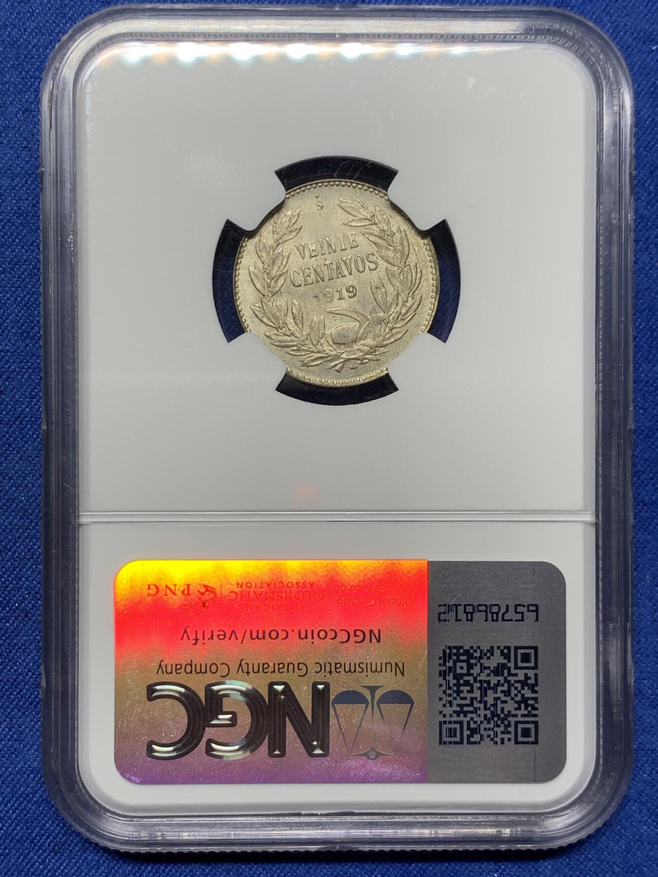 《竞宝斋》第396场 周日，周一，2场连拍 （全场包邮） NGC MS64 智利1919年20分银币 品相一流小辅币 更高分仅三枚