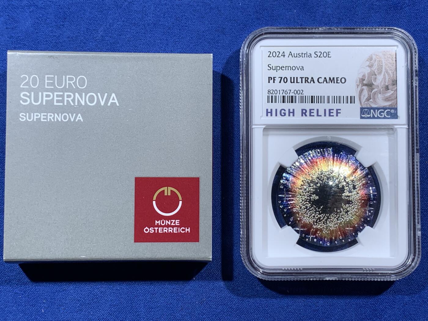 《竞宝斋》第396场 周日，周一，2场连拍 （全场包邮） 高浮雕特标 NGC PF70UC 奥地利2024年宇宙之美系列1超新星20欧精制彩银纪念银币（加厚盒装，克劳斯2025年世界硬币大奖赛最佳艺术提名币，热门高概率命中夺冠品）盒证齐全
