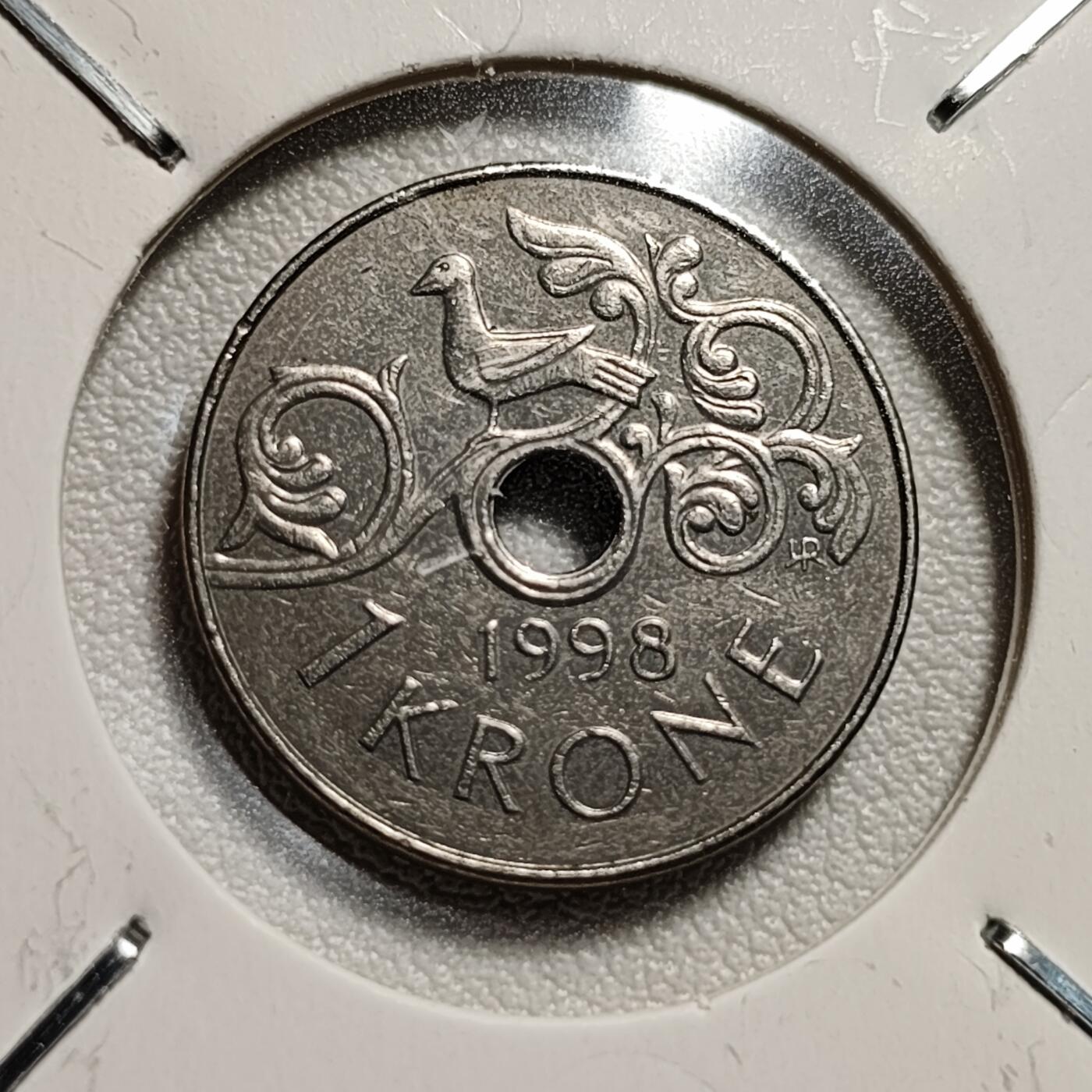 泉币菌-第44场-各国钱币 挪威中孔镍币 1克朗