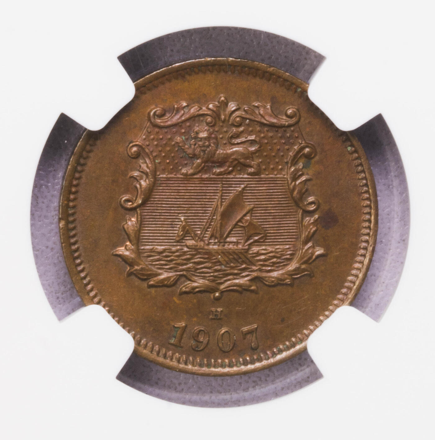 NGC-MS64BN 1907H英属婆罗洲洋元半分铜币 特年稀有
