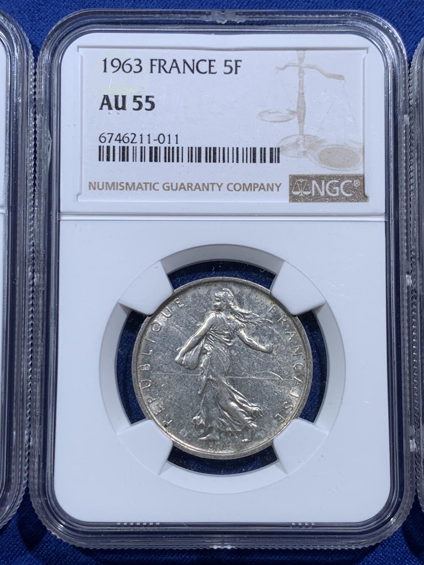 《竞宝斋》第396场 周日，周一，2场连拍 （全场包邮） 三枚一组 NGC AU53、AU55、AU50 法国播种女神5法郎银币