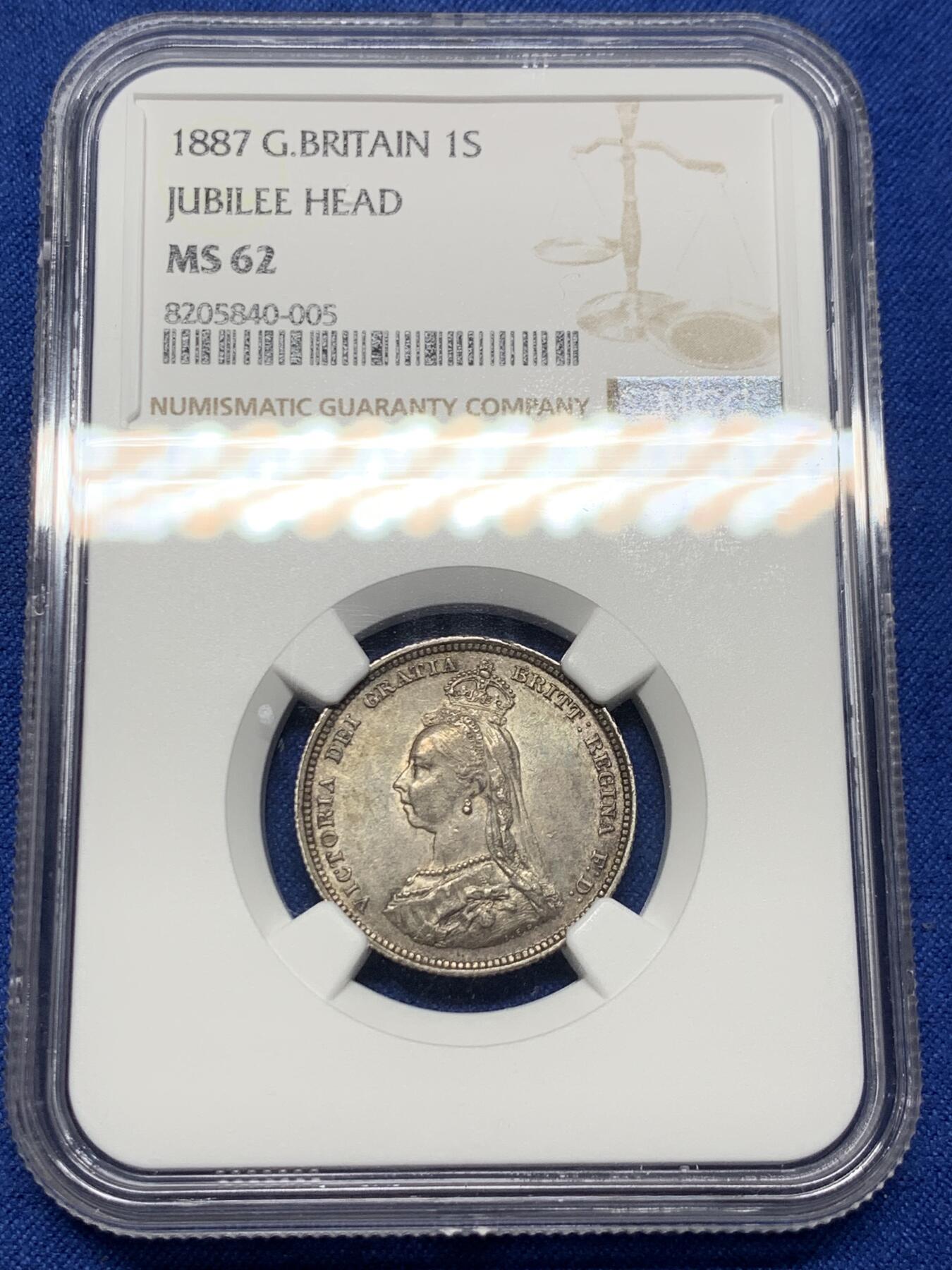 《竞宝斋》第397场 周日，周一，2场连拍 （全场包邮） NGC MS62 英国 1887 维多利亚高冠1先令银币，原始灰包浆