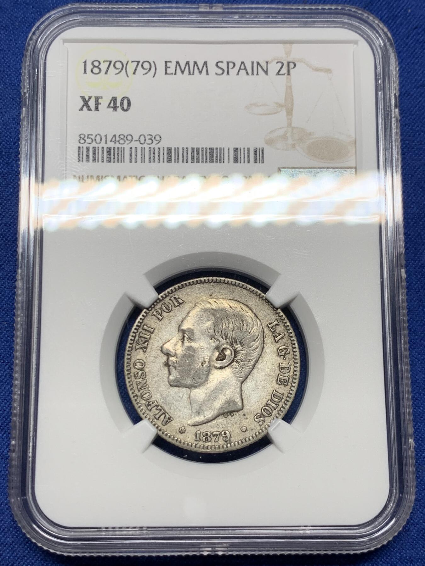 《竞宝斋》第396场 周日，周一，2场连拍 （全场包邮） NGC XF40 西班牙1879年 阿方索十二世2比塞塔双柱银币