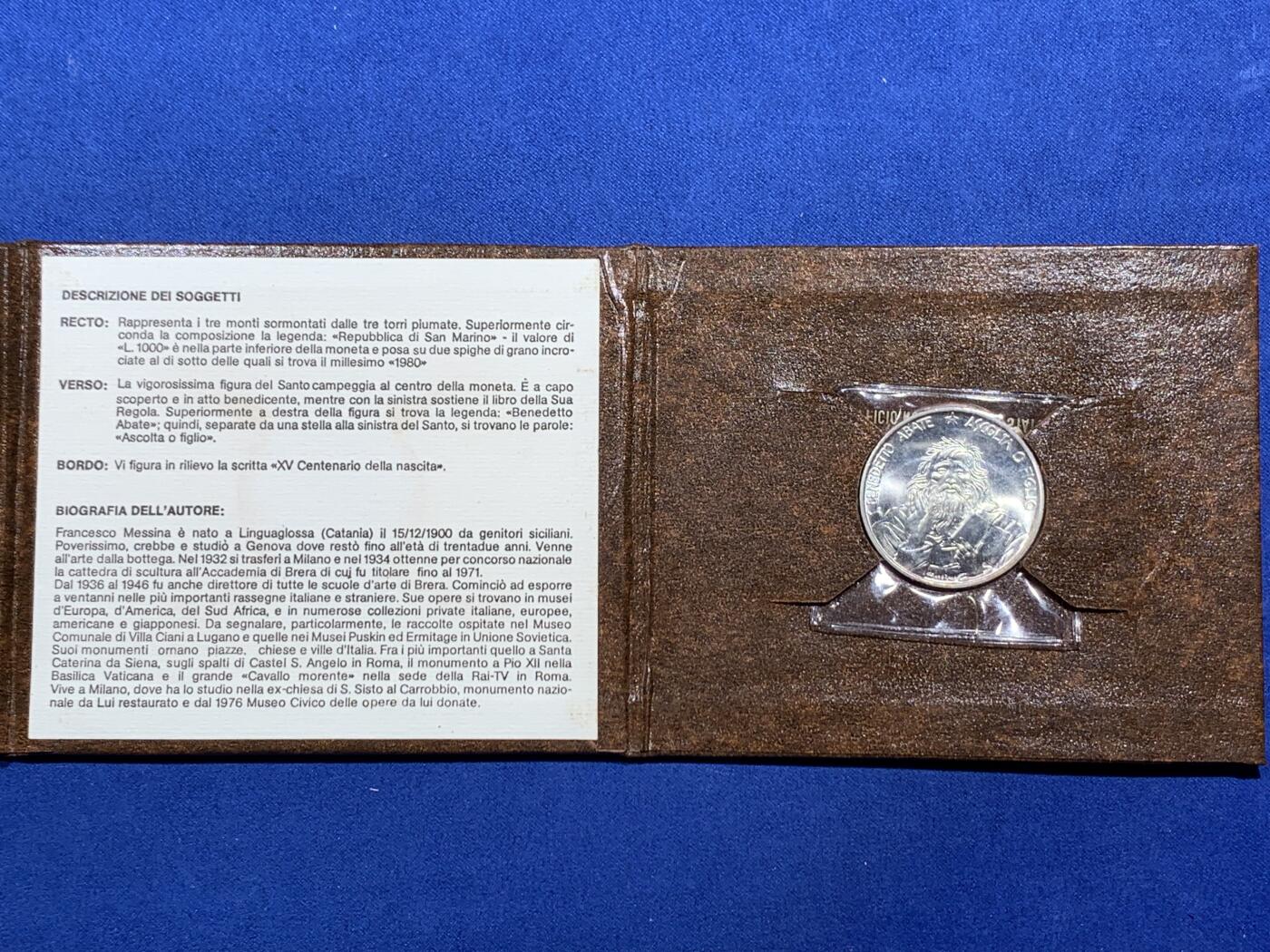 《竞宝斋》第396场 周日，周一，2场连拍 （全场包邮） 卡装 圣马力诺1980年天主教隐修士1000里拉银币 14.6克
