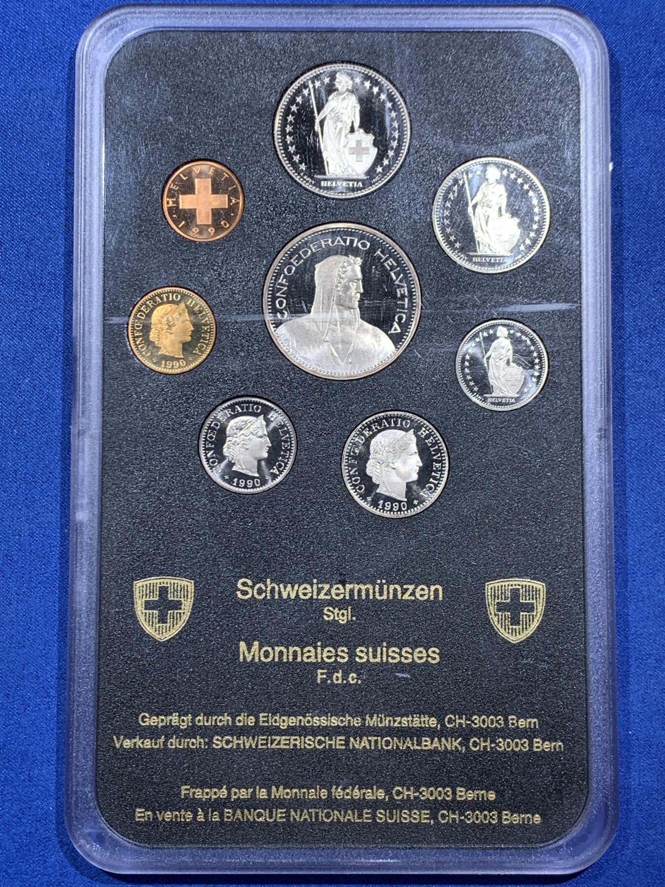 《竞宝斋》第396场 周日，周一，2场连拍 （全场包邮） 瑞士 1990年 八枚套 不同面值 原厂封装 精制PROOF 套币