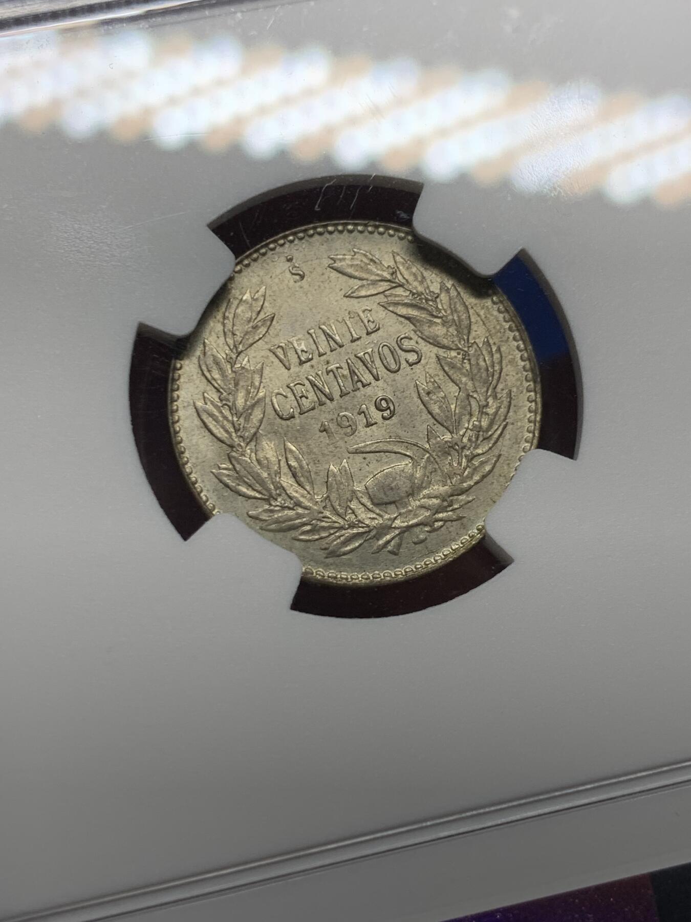 《竞宝斋》第396场 周日，周一，2场连拍 （全场包邮） NGC MS64 智利1919年20分银币 品相一流小辅币 更高分仅三枚