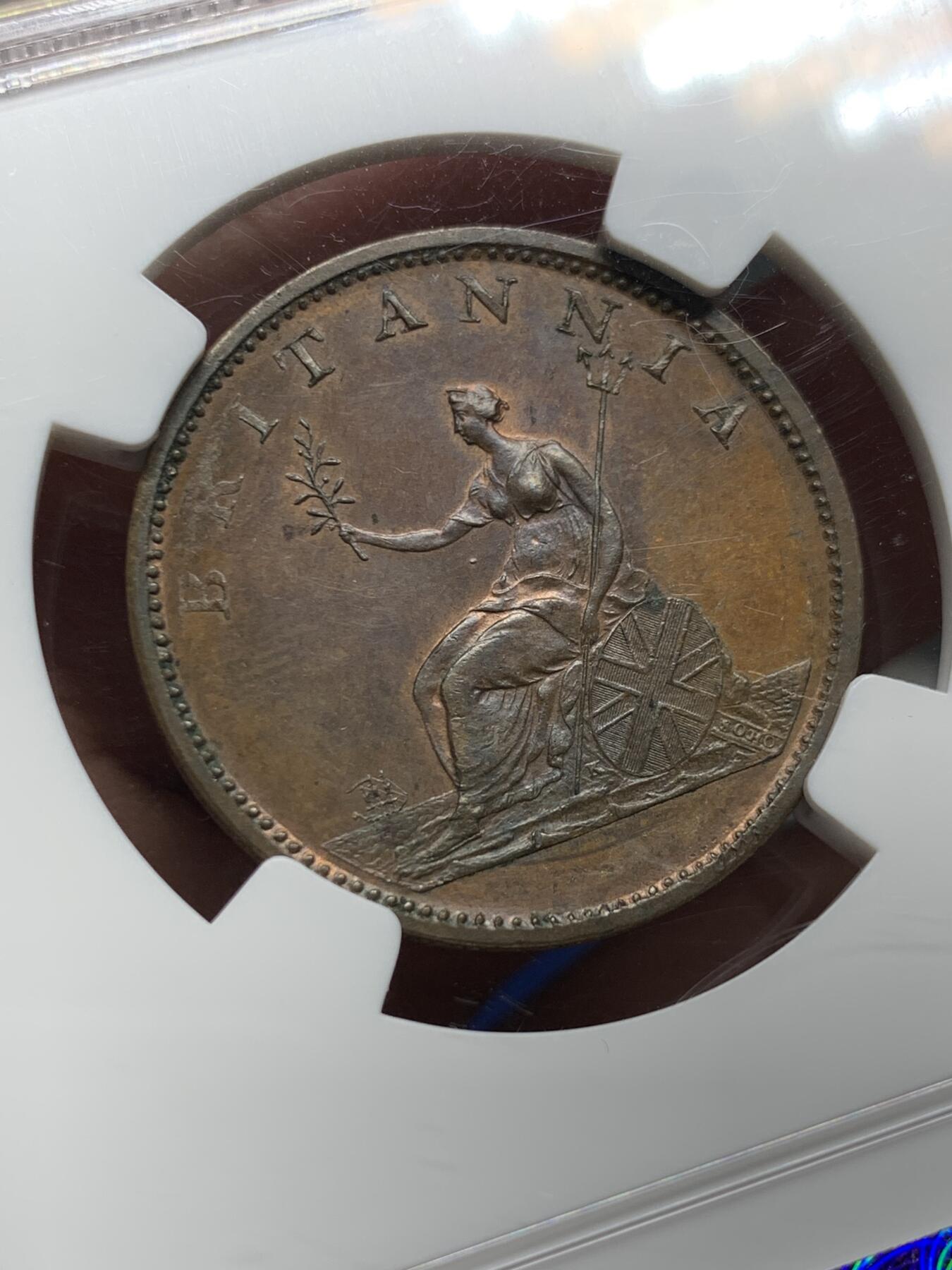 《竞宝斋》第396场 周日，周一，2场连拍 （全场包邮） NGC MS62BN 英国 1807乔治三世半便士，soho出品，带蓝紫色彩