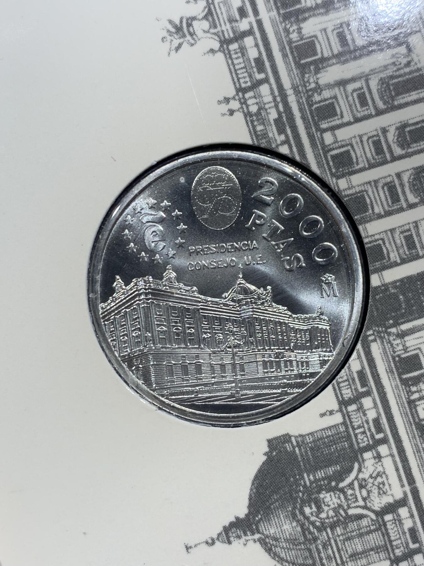 《竞宝斋》第396场 周日，周一，2场连拍 （全场包邮） 西班牙1995年面值兑换系列-西班牙担任欧盟理事会主席国2000比塞塔银币 925银 18克