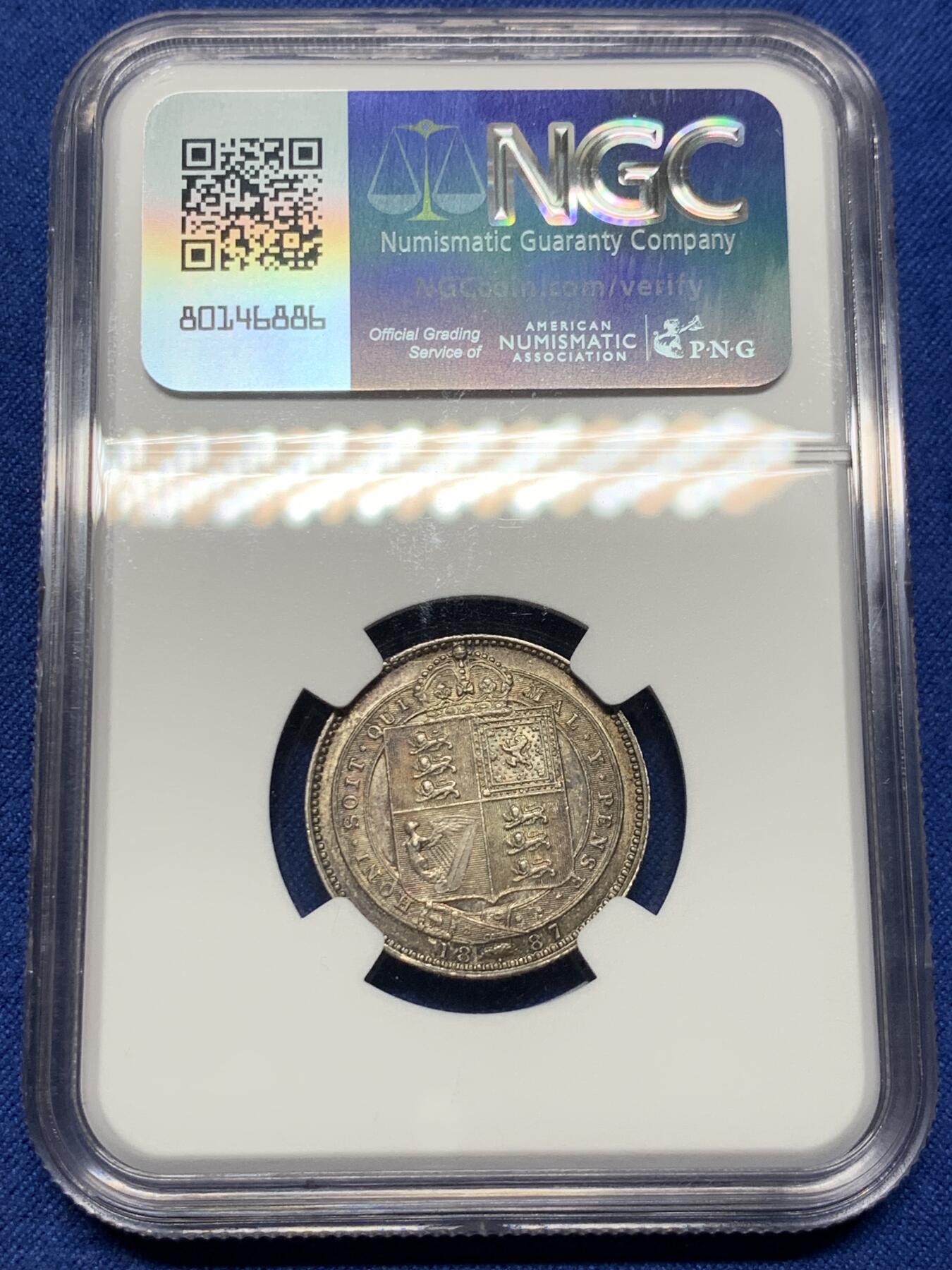 《竞宝斋》第397场 周日，周一，2场连拍 （全场包邮） NGC MS62 英国 1887 维多利亚高冠1先令银币，原始灰包浆