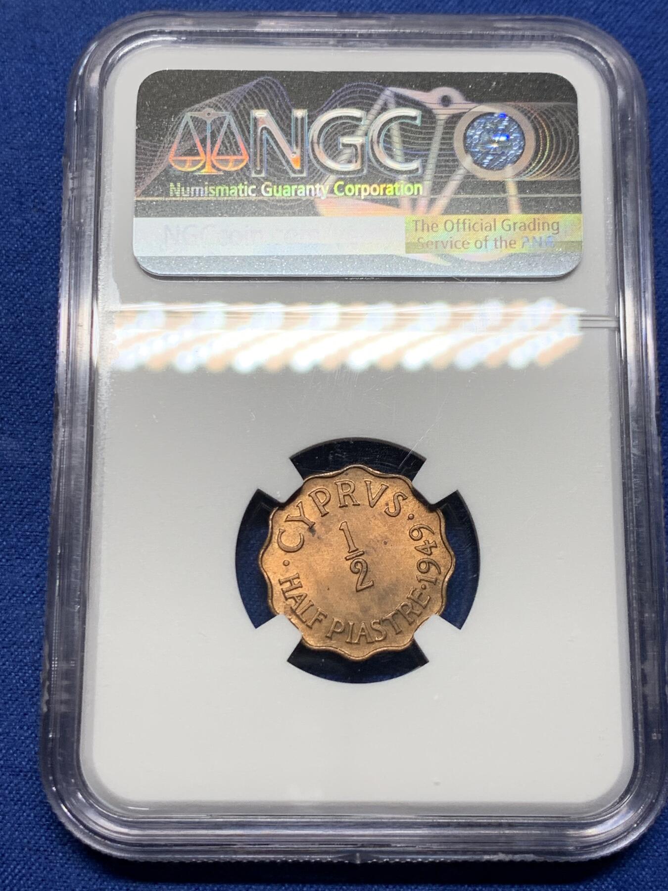 《竞宝斋》第396场 周日，周一，2场连拍 （全场包邮） NGC MS64RB 英属塞浦路斯1949年1/2分铜币 乔治六世头像