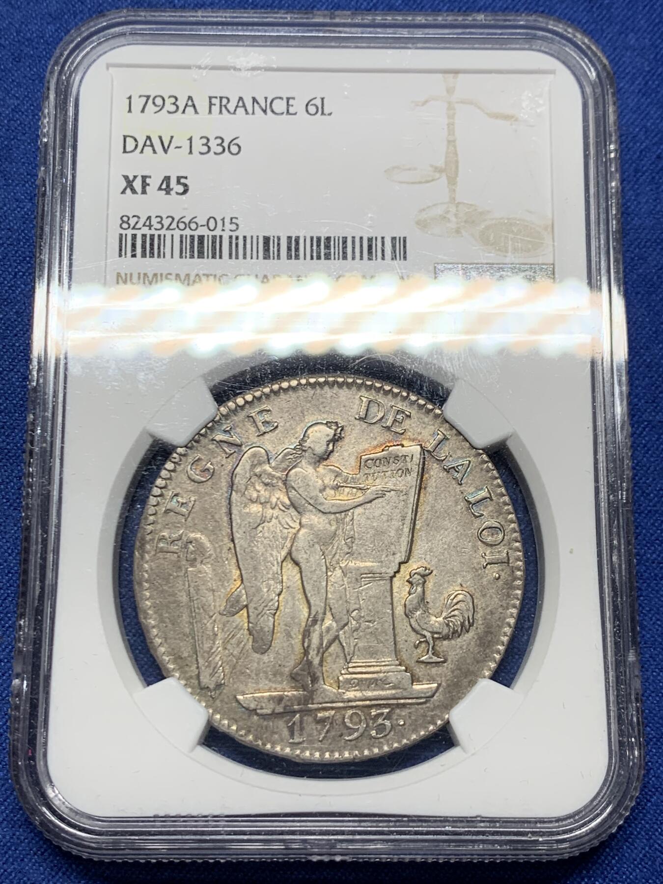 《竞宝斋》第396场 周日，周一，2场连拍 （全场包邮） NGC XF45 法国天使6里弗尔银币  欧洲灰彩包浆 温润耐看  大革命的见证  法系经典品种