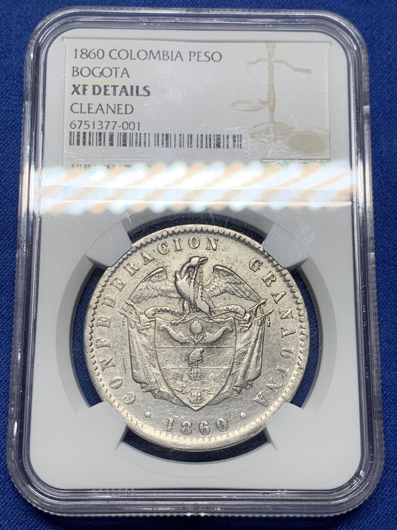 《竞宝斋》第396场 周日，周一，2场连拍 （全场包邮） NGC XFD 哥伦比亚1860年1比索银币 热门南美洲大银币 波哥大厂 非常少见的品种