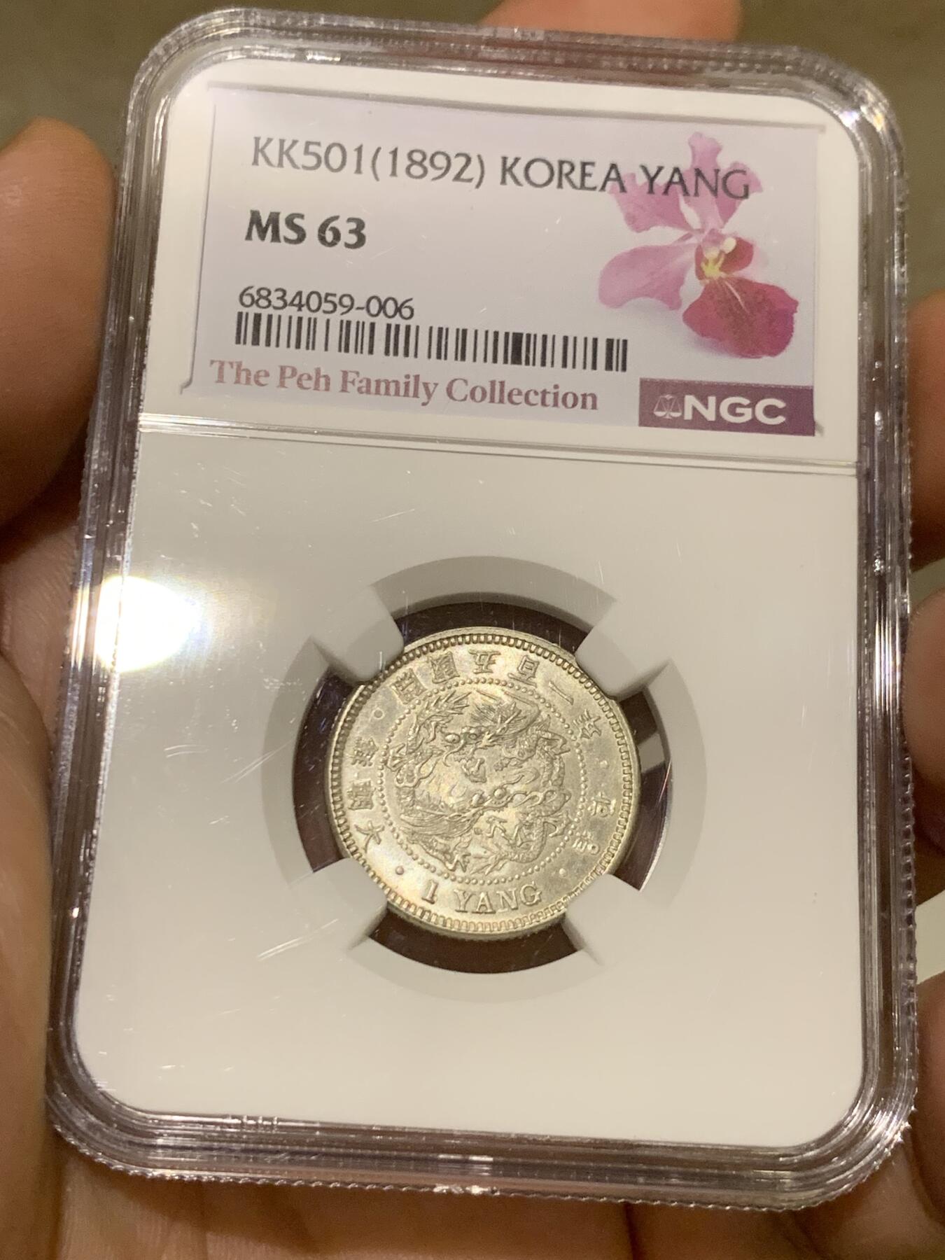 《竞宝斋》第397场 周日，周一，2场连拍 （全场包邮） NGC MS63 朝鲜1892开国501年一两银币 新加坡船王白氏旧藏 粉彩高分深打 完全可冲击64 双龙戏珠李花经典图案 NGC致敬名家特别标签 朝鲜钱币收藏领域不可或缺的龙头品种