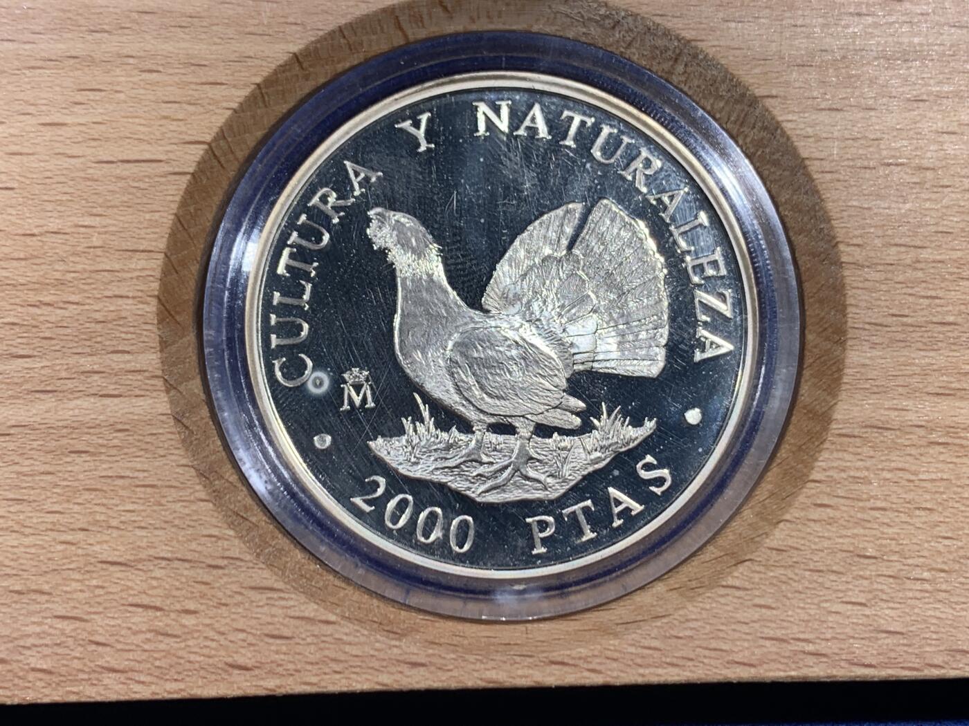 《竞宝斋》第396场 周日，周一，2场连拍 （全场包邮） 西班牙1995年文化与自然-松鸡2000比塞塔精制银币 925银 27克 带盒证