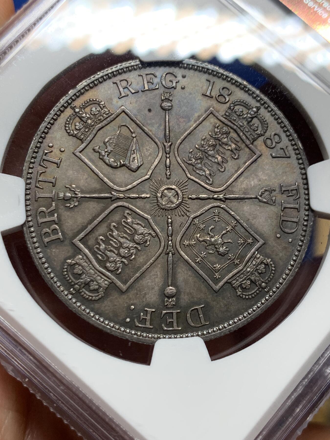 《竞宝斋》第396场 周日，周一，2场连拍 （全场包邮） NGC MS64 英国 1887 维多利亚双弗洛林银币   深峻初打  细节极佳  英伦深五彩包浆