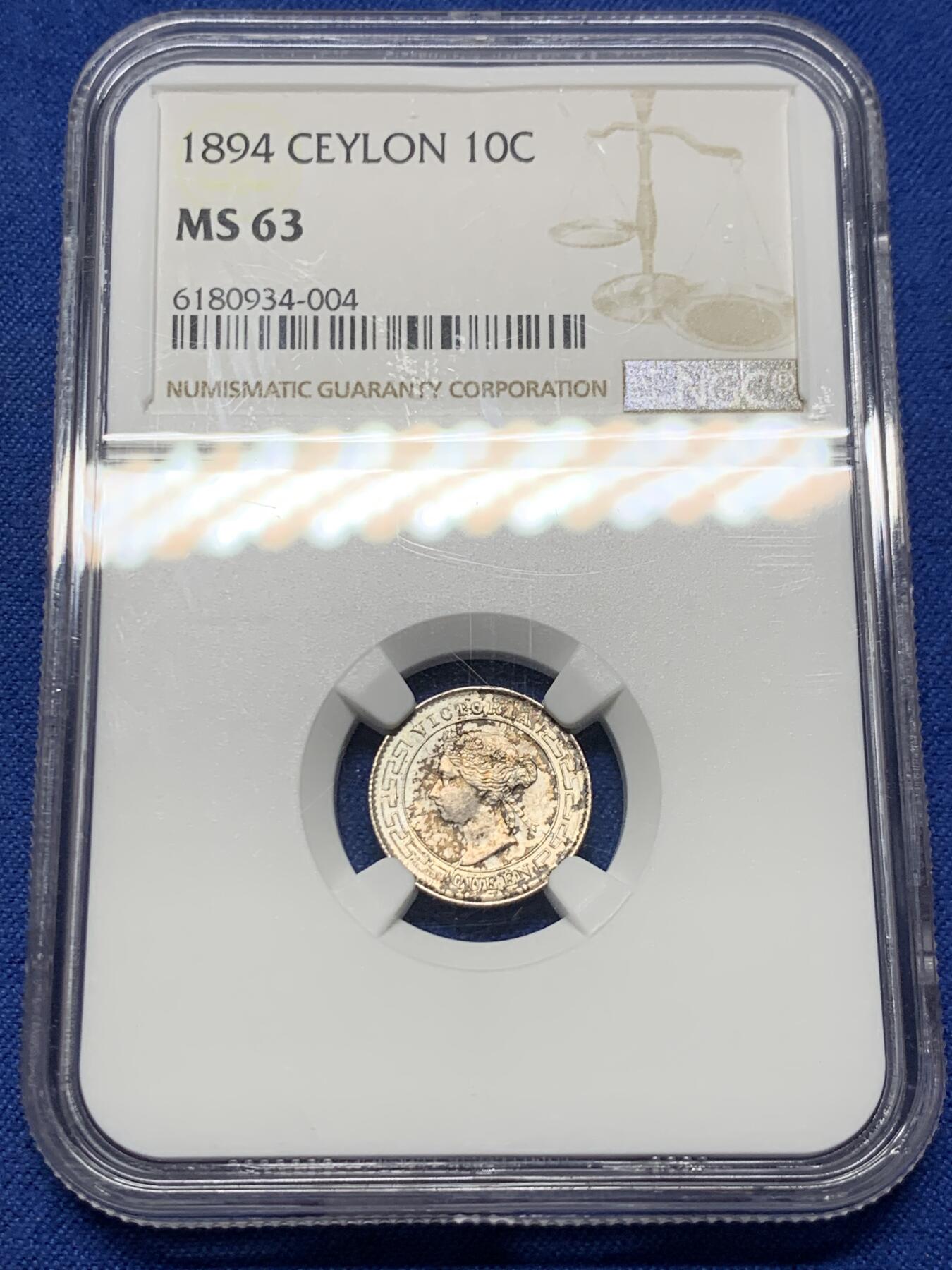 《竞宝斋》第397场 周日，周一，2场连拍 （全场包邮） NGC MS63 英属锡兰1894年10分银币  品相一流 包浆可能影响了分数