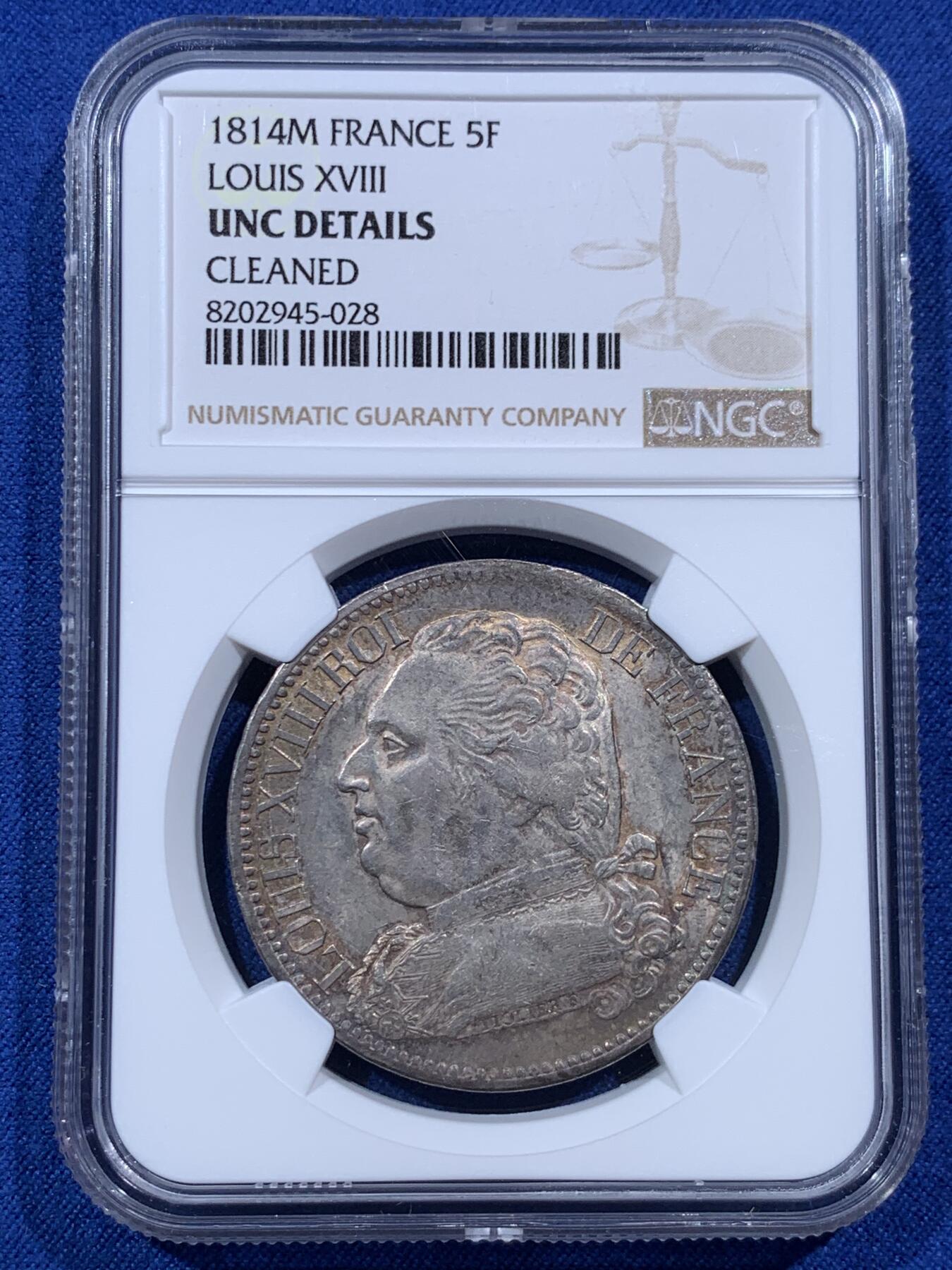 《竞宝斋》第396场 周日，周一，2场连拍 （全场包邮） NGC UNCD 法国1814年路易十八戎装版5法郎银币 人像像深打 凹凸有致 高耸发丝体力感强 养眼包浆