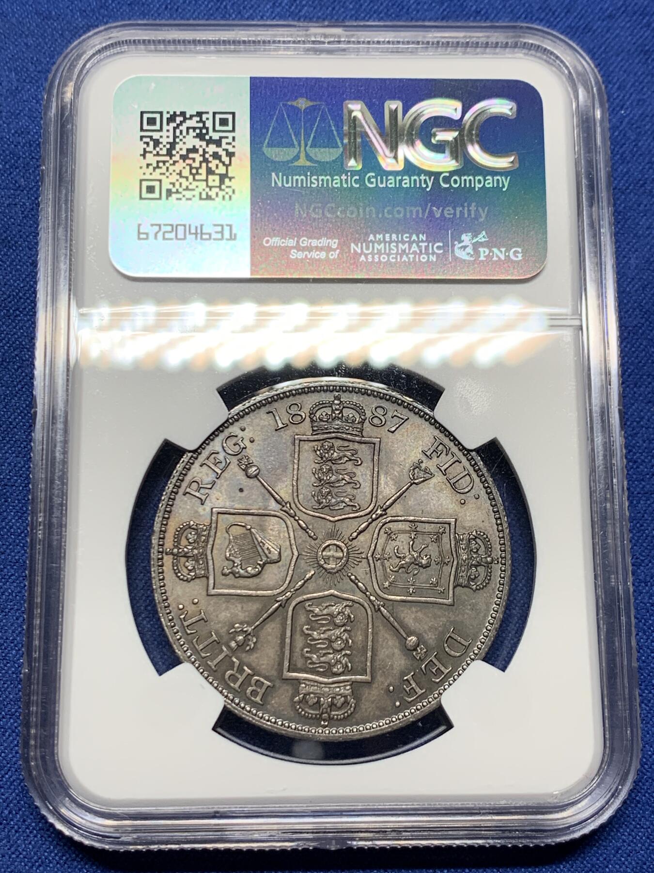 《竞宝斋》第396场 周日，周一，2场连拍 （全场包邮） NGC MS64 英国 1887 维多利亚双弗洛林银币   深峻初打  细节极佳  英伦深五彩包浆