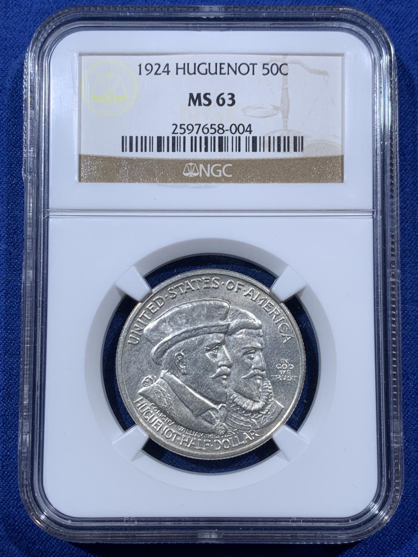 《竞宝斋》第397场 周日，周一，2场连拍 （全场包邮） NGC MS63 美国 1924年 50美分 胡格诺派和瓦隆人定居美国300周年纪念银币