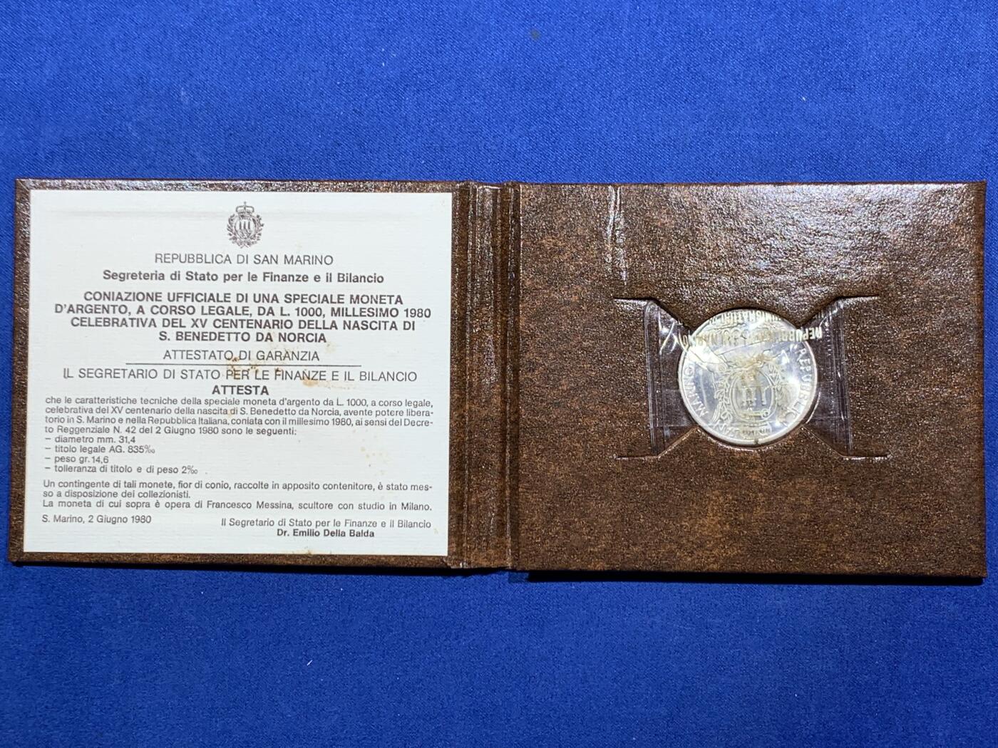 《竞宝斋》第396场 周日，周一，2场连拍 （全场包邮） 卡装 圣马力诺1980年天主教隐修士1000里拉银币 14.6克