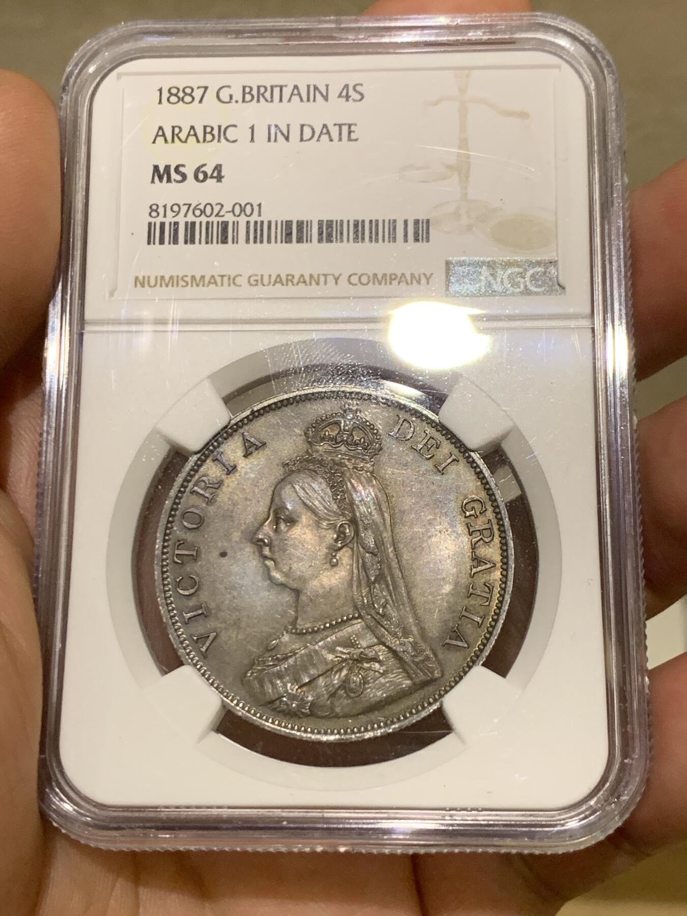 《竞宝斋》第396场 周日，周一，2场连拍 （全场包邮） NGC MS64 英国 1887 维多利亚双弗洛林银币   深峻初打  细节极佳  英伦深五彩包浆