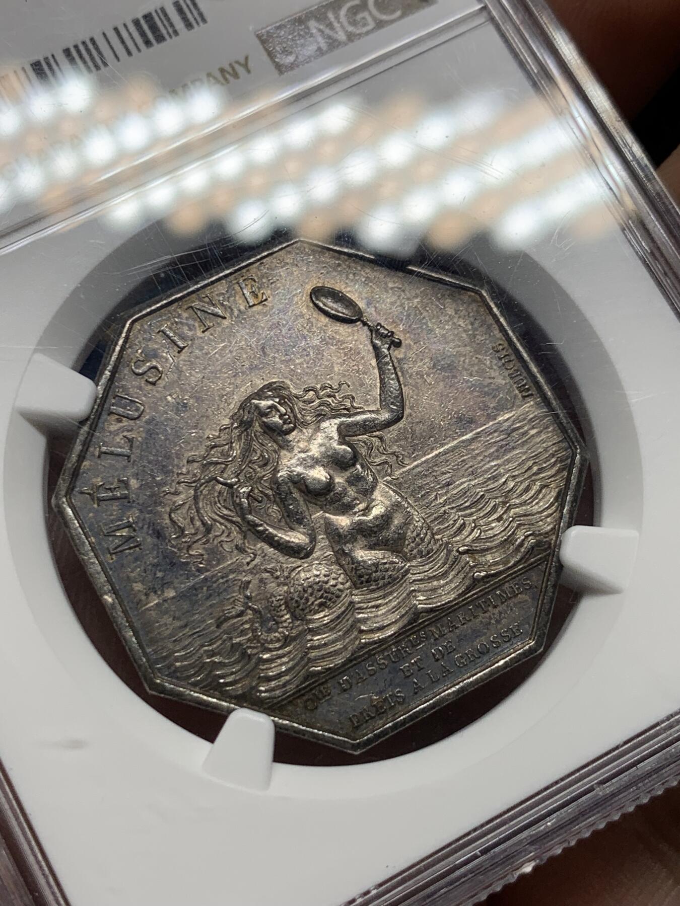 《竞宝斋》第397场 周日，周一，2场连拍 （全场包邮） NGC AU55 法国海妖美人鱼八角银章代用币 名誉品 法国八角目录封面作品 五彩包浆 非常迷人