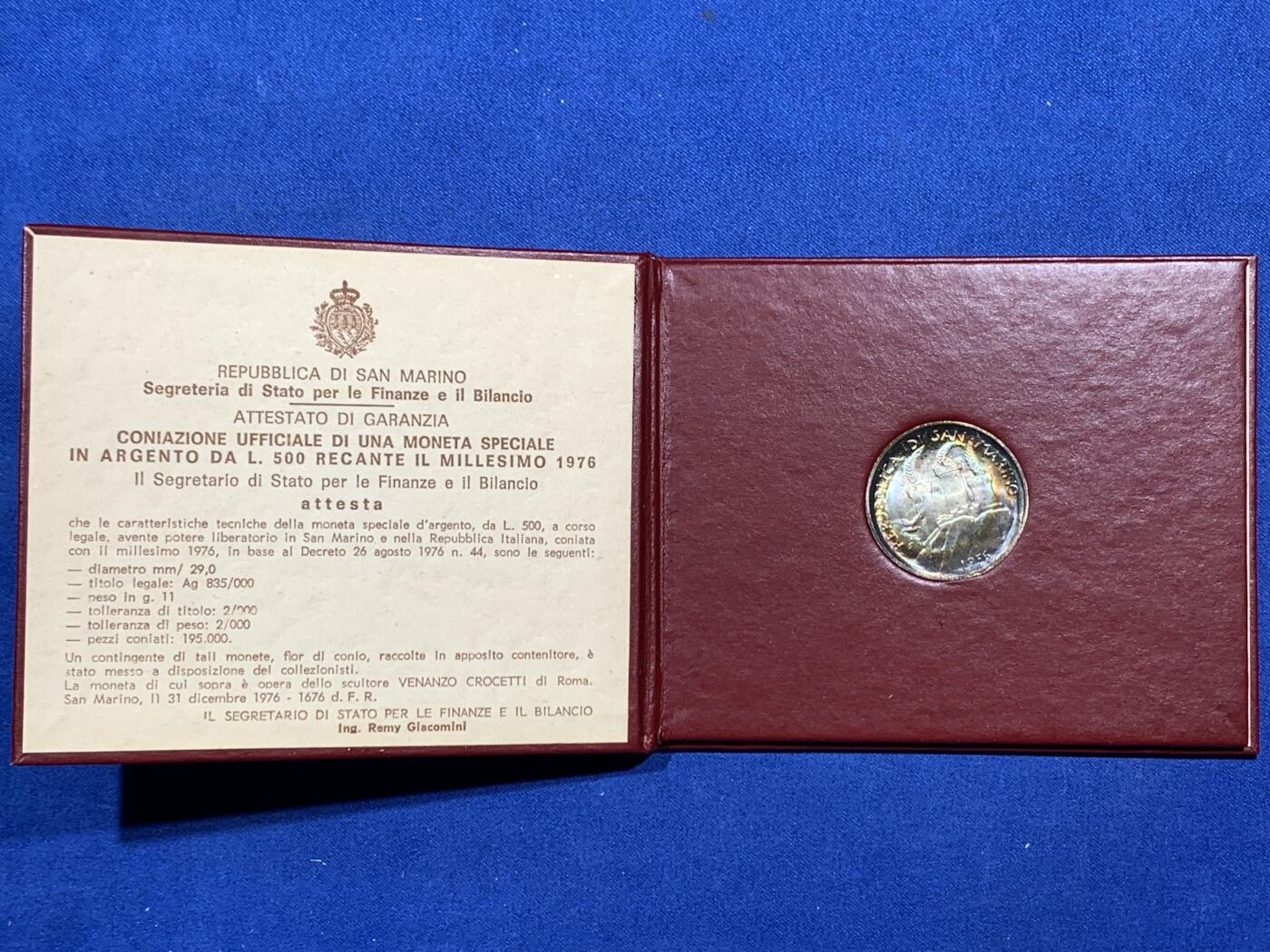 《竞宝斋》第396场 周日，周一，2场连拍 （全场包邮） 卡装 1976年圣马力诺20年的社会保障500里拉银币 11克