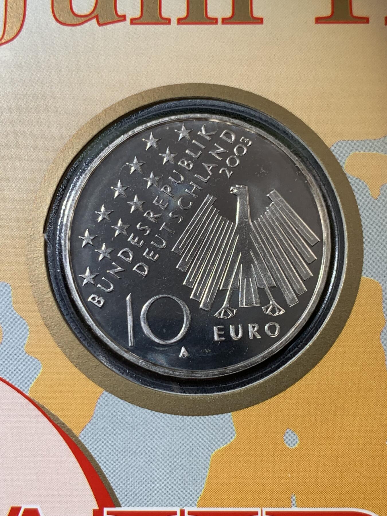 《竞宝斋》第396场 周日，周一，2场连拍 （全场包邮） 德国2003年邮币封 含一枚东德革命五十周年纪念10欧元银币 925银 18克