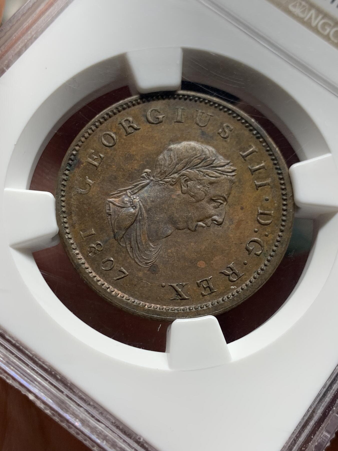 《竞宝斋》第396场 周日，周一，2场连拍 （全场包邮） NGC MS62BN 英国 1807乔治三世半便士，soho出品，带蓝紫色彩