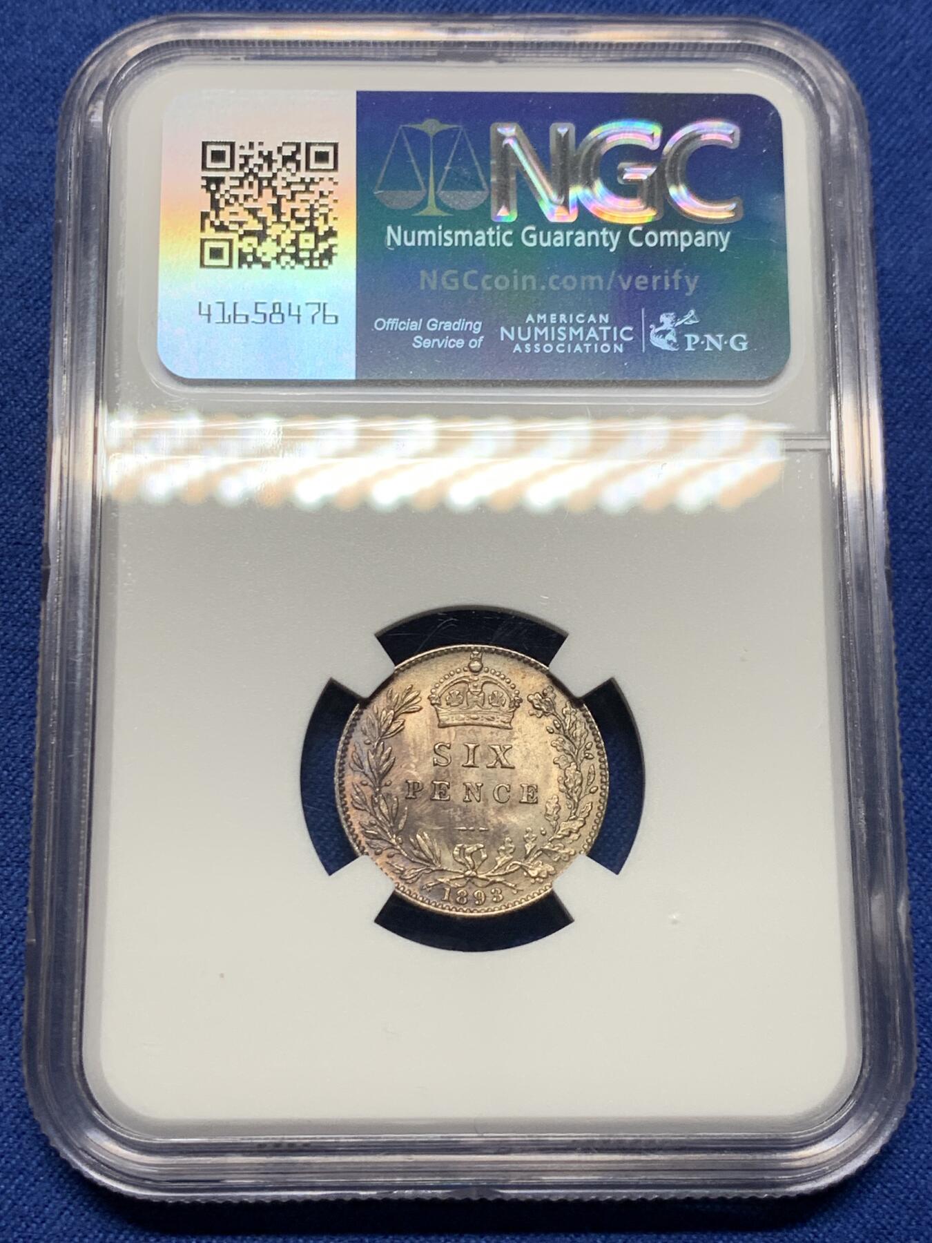 《竞宝斋》第396场 周日，周一，2场连拍 （全场包邮） NGC MS64 英国1893维多利亚披纱6便士，紫罗兰彩，披纱好品少见