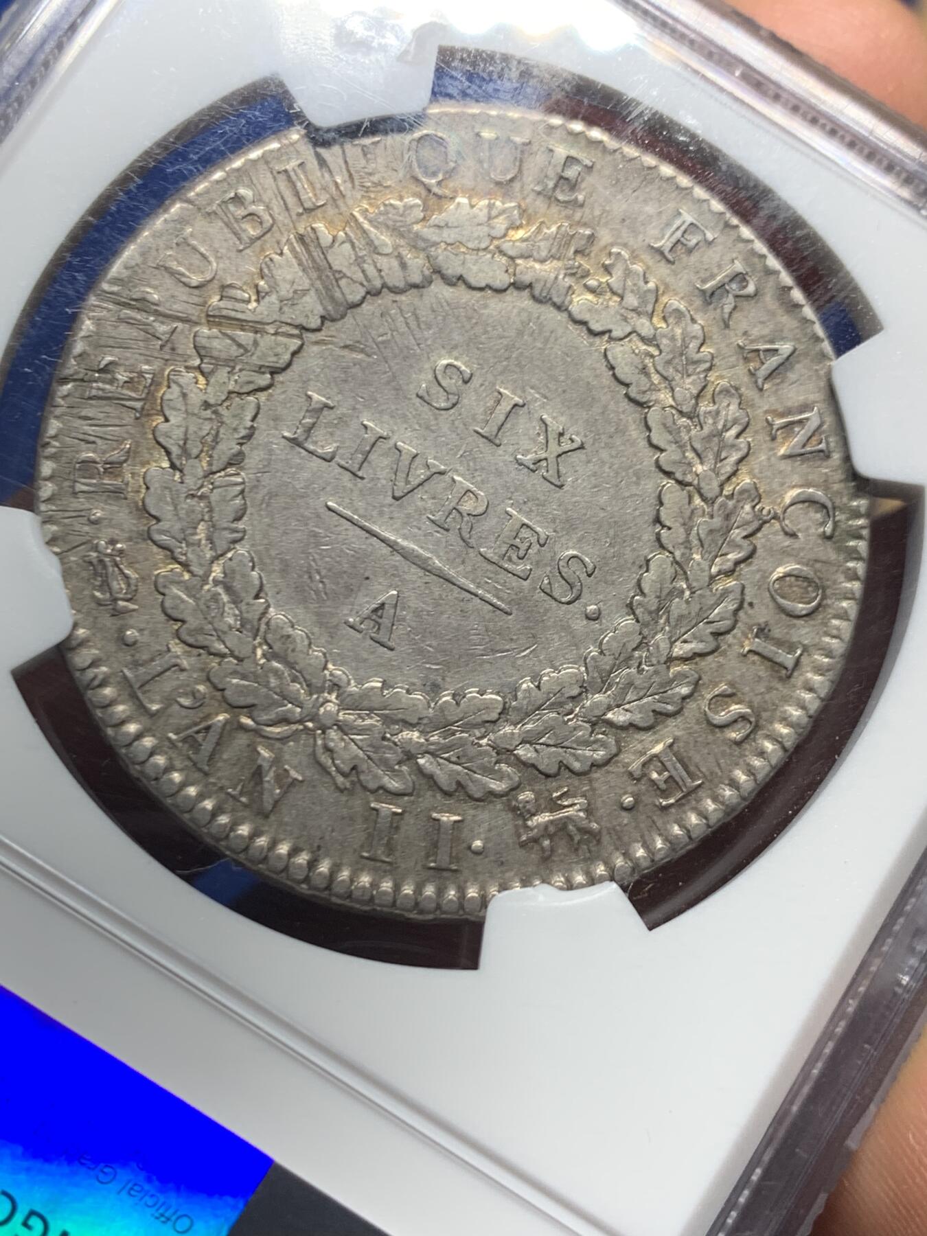 《竞宝斋》第396场 周日，周一，2场连拍 （全场包邮） NGC XF45 法国天使6里弗尔银币  欧洲灰彩包浆 温润耐看  大革命的见证  法系经典品种