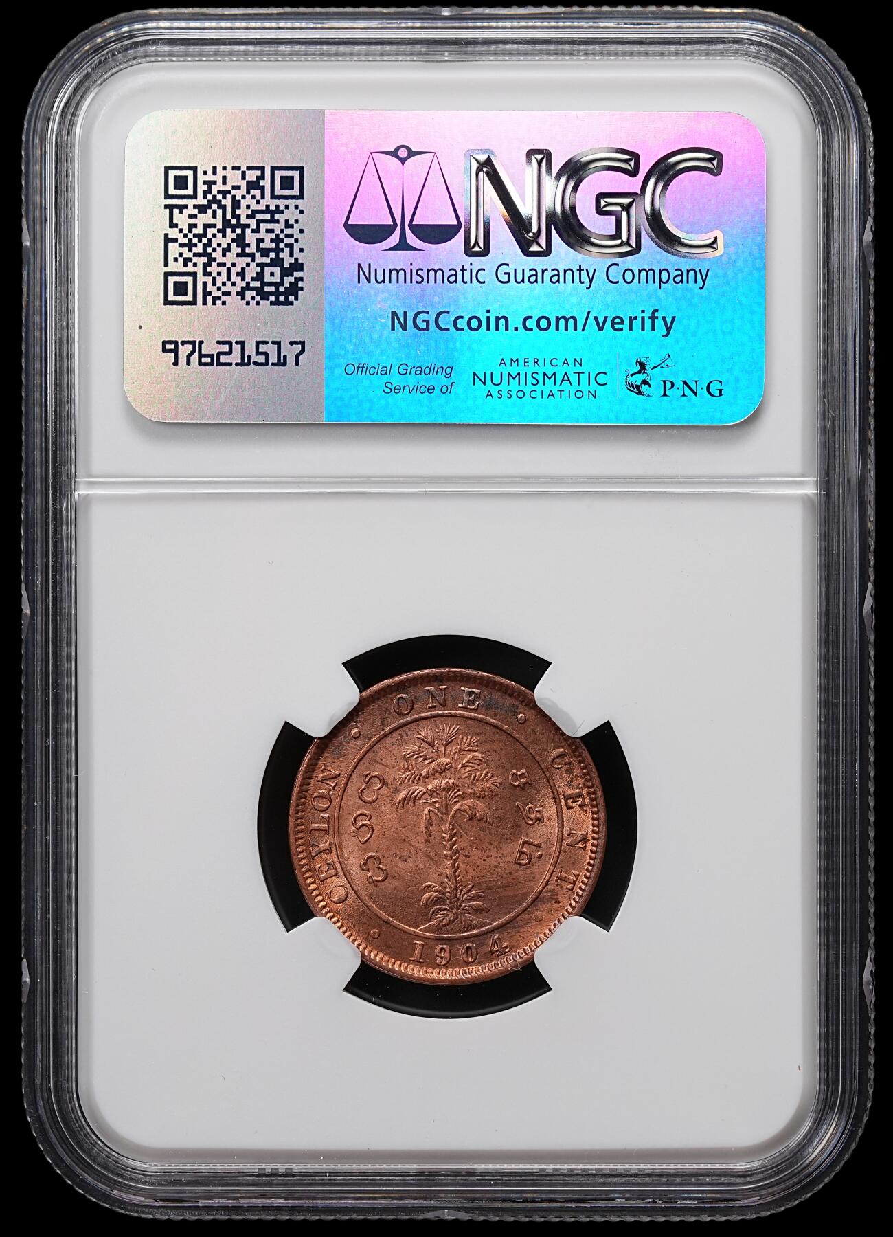 修遠堂世界钱币第七十六期 NGC MS65RB 1904年英属锡兰1分铜币
