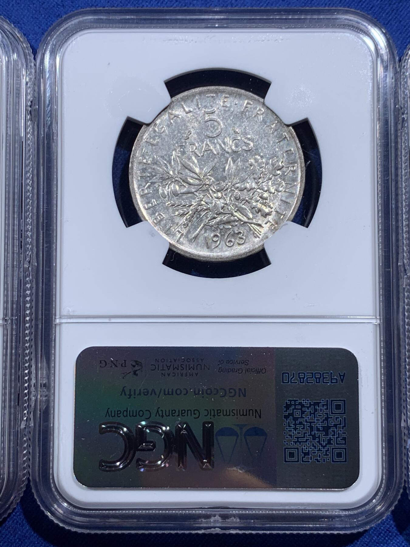 《竞宝斋》第396场 周日，周一，2场连拍 （全场包邮） 三枚一组 NGC AU53、AU55、AU50 法国播种女神5法郎银币