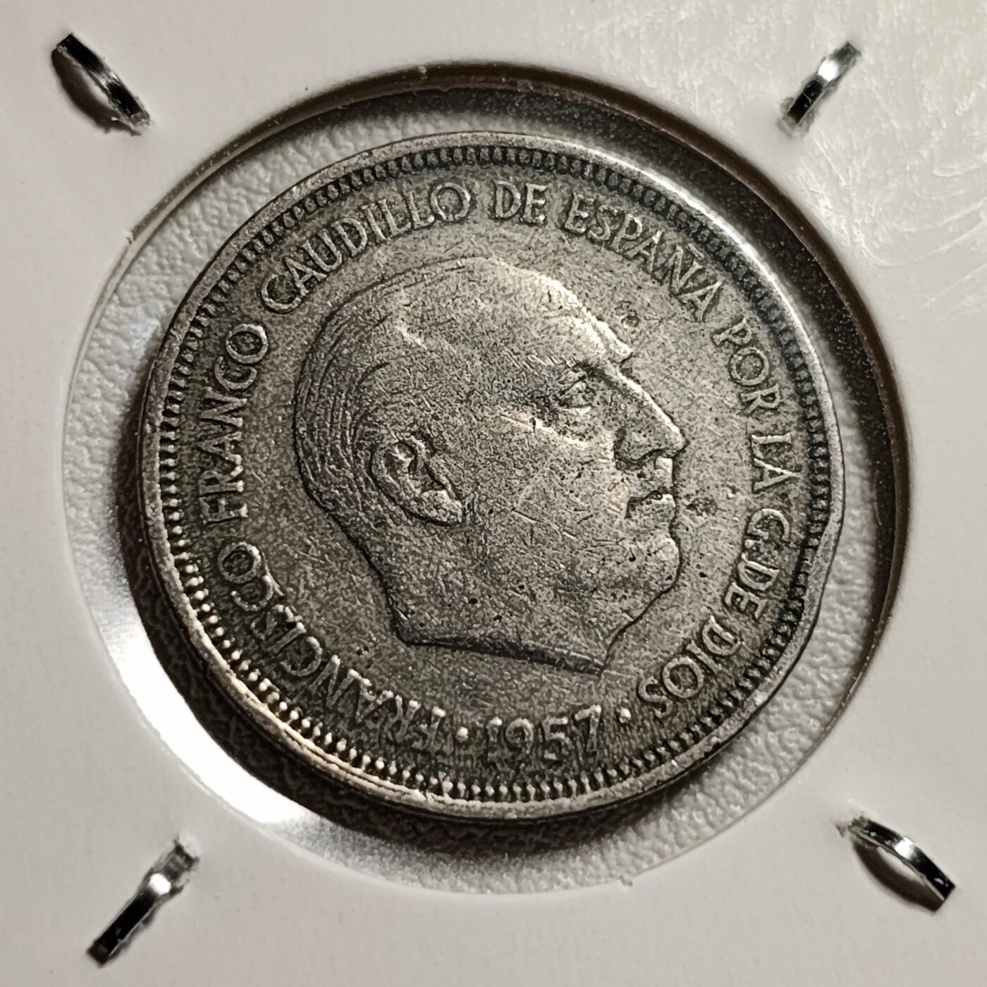 泉币菌-第44场-各国钱币 西班牙1957年 5比塞塔 弗朗哥鹰徽23mm