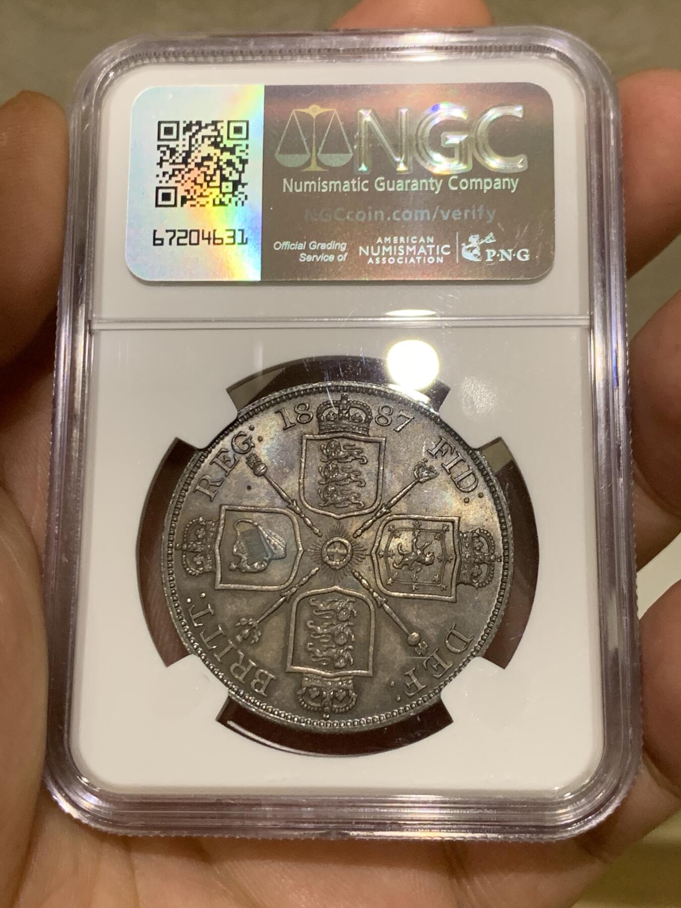 《竞宝斋》第396场 周日，周一，2场连拍 （全场包邮） NGC MS64 英国 1887 维多利亚双弗洛林银币   深峻初打  细节极佳  英伦深五彩包浆