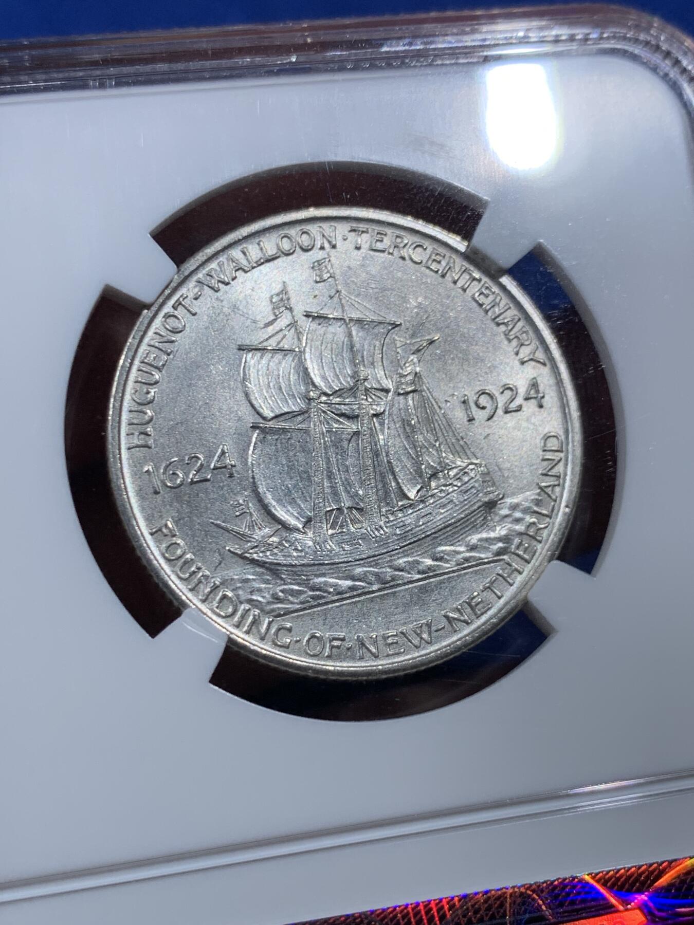 《竞宝斋》第397场 周日，周一，2场连拍 （全场包邮） NGC MS63 美国 1924年 50美分 胡格诺派和瓦隆人定居美国300周年纪念银币