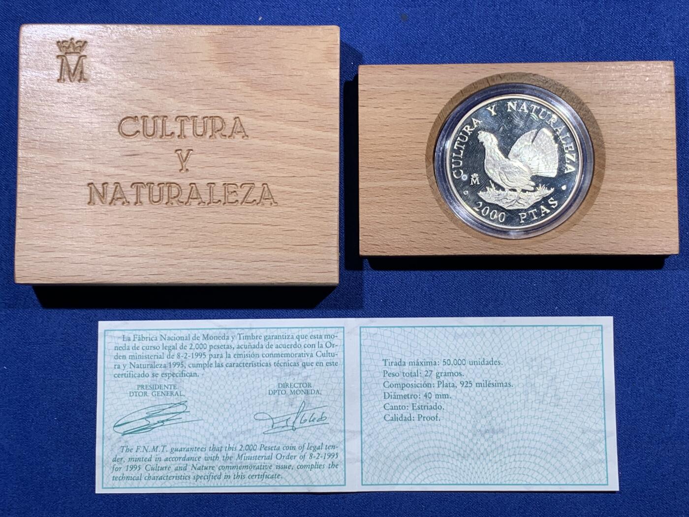 《竞宝斋》第396场 周日，周一，2场连拍 （全场包邮） 西班牙1995年文化与自然-松鸡2000比塞塔精制银币 925银 27克 带盒证