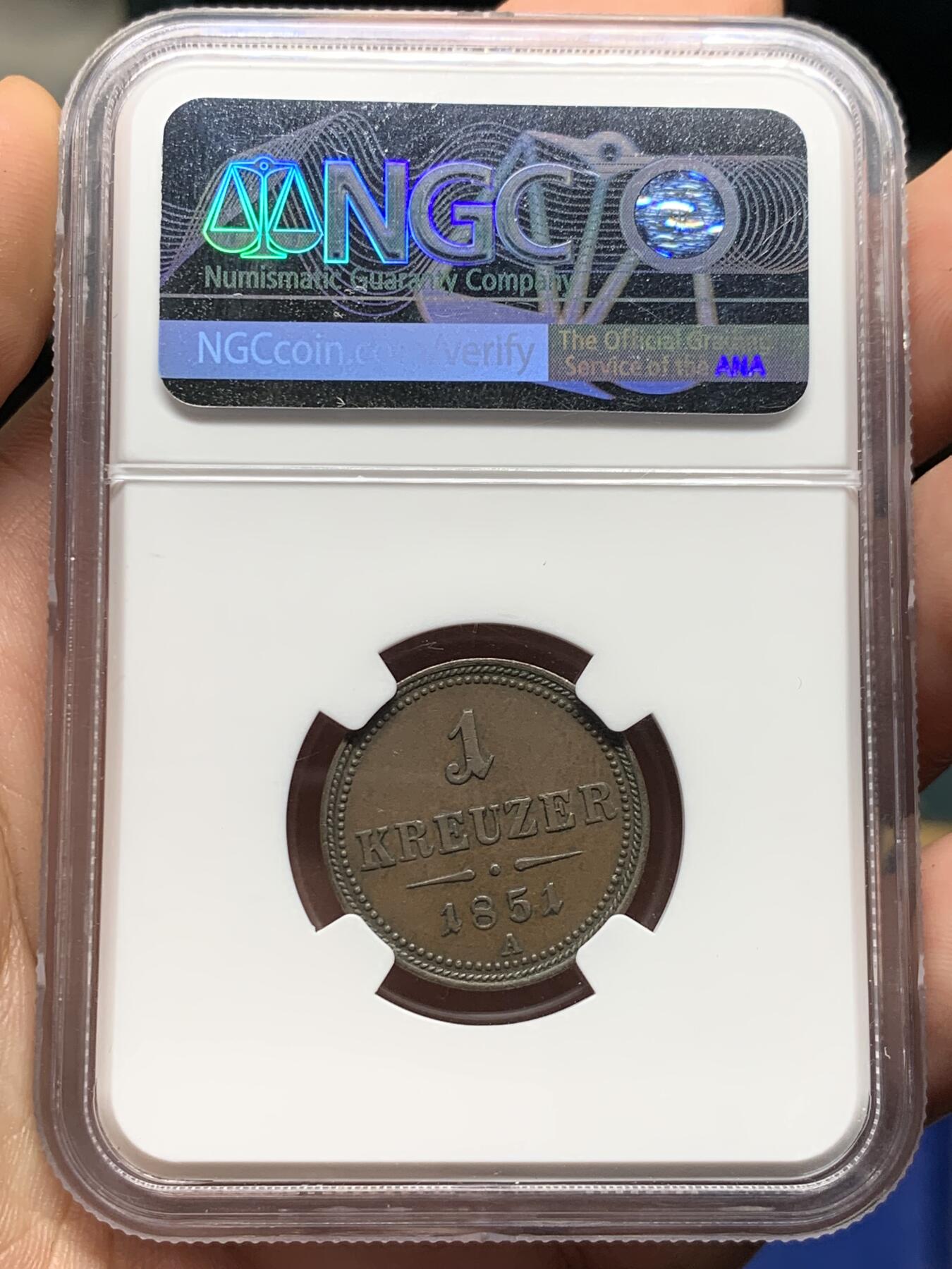 《竞宝斋》第396场 周日，周一，2场连拍 （全场包邮） NGC AU55BN 奥地利帝国 1851A 1K铜币