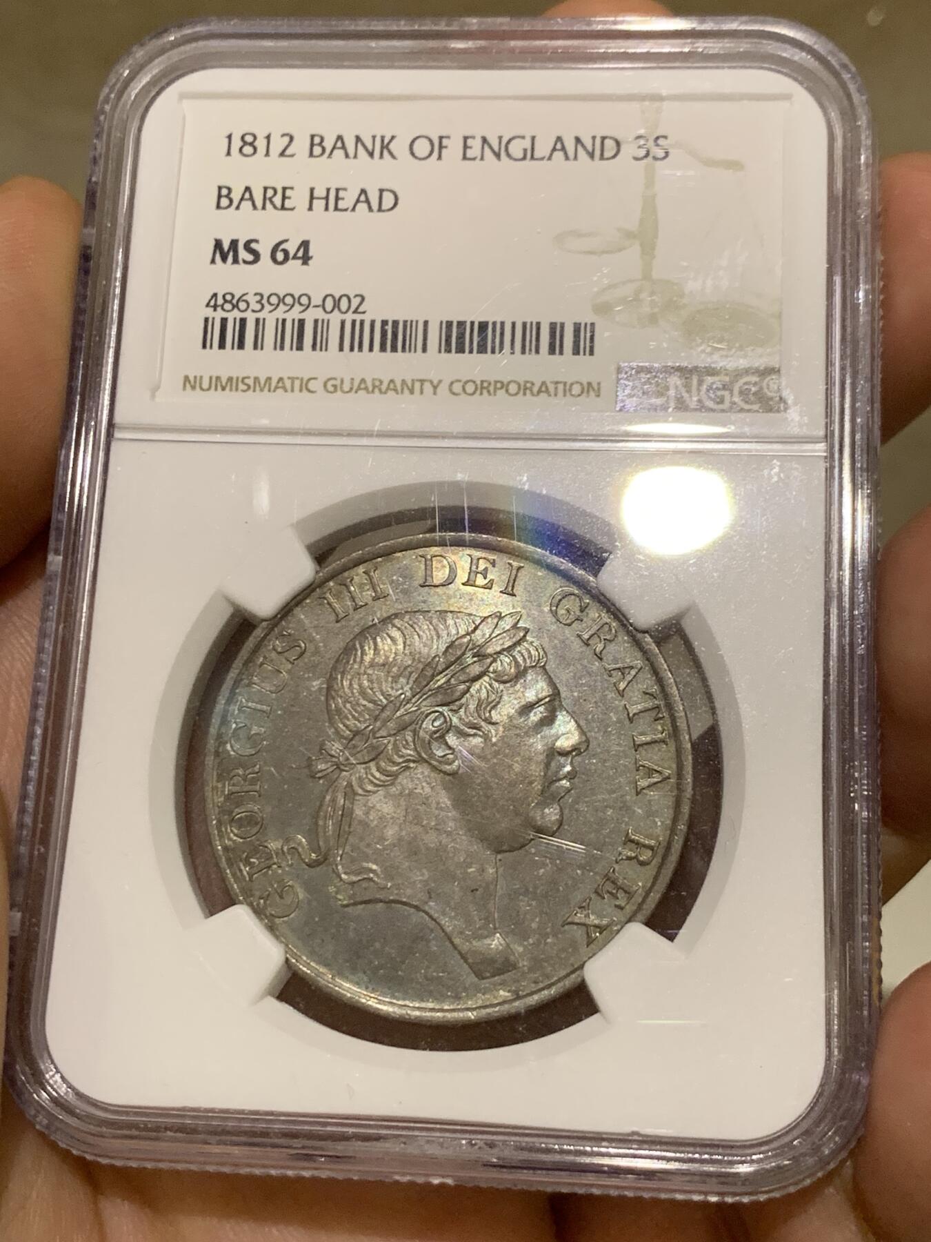《竞宝斋》第397场 周日，周一，2场连拍 （全场包邮） NGC MS64 英国1812乔治三世 英格兰银行3先令银币，金绿色包浆，原状态