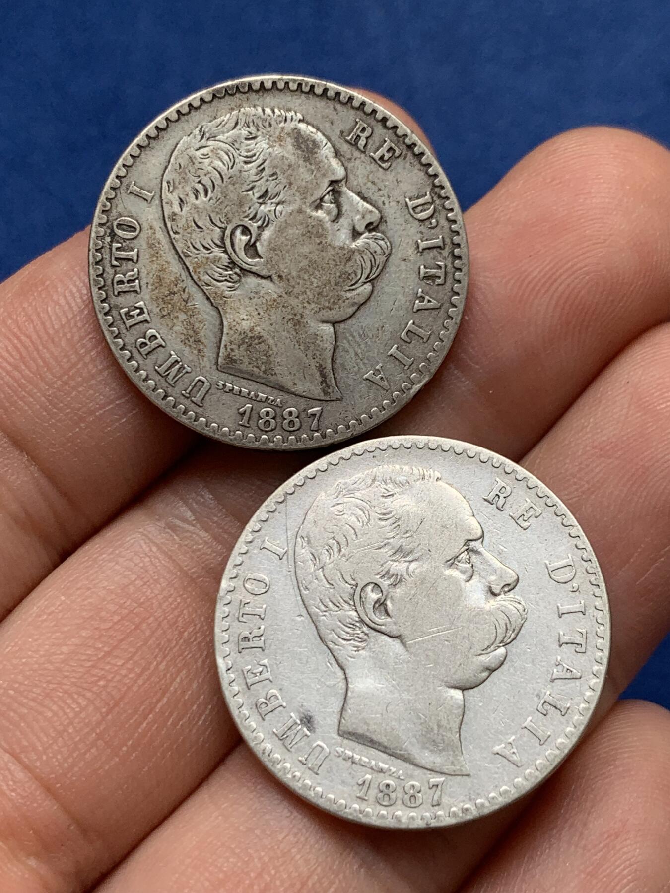 《竞宝斋》第396场 周日，周一，2场连拍 （全场包邮） 两枚一组 意大利1887年翁贝托一世2里拉银币