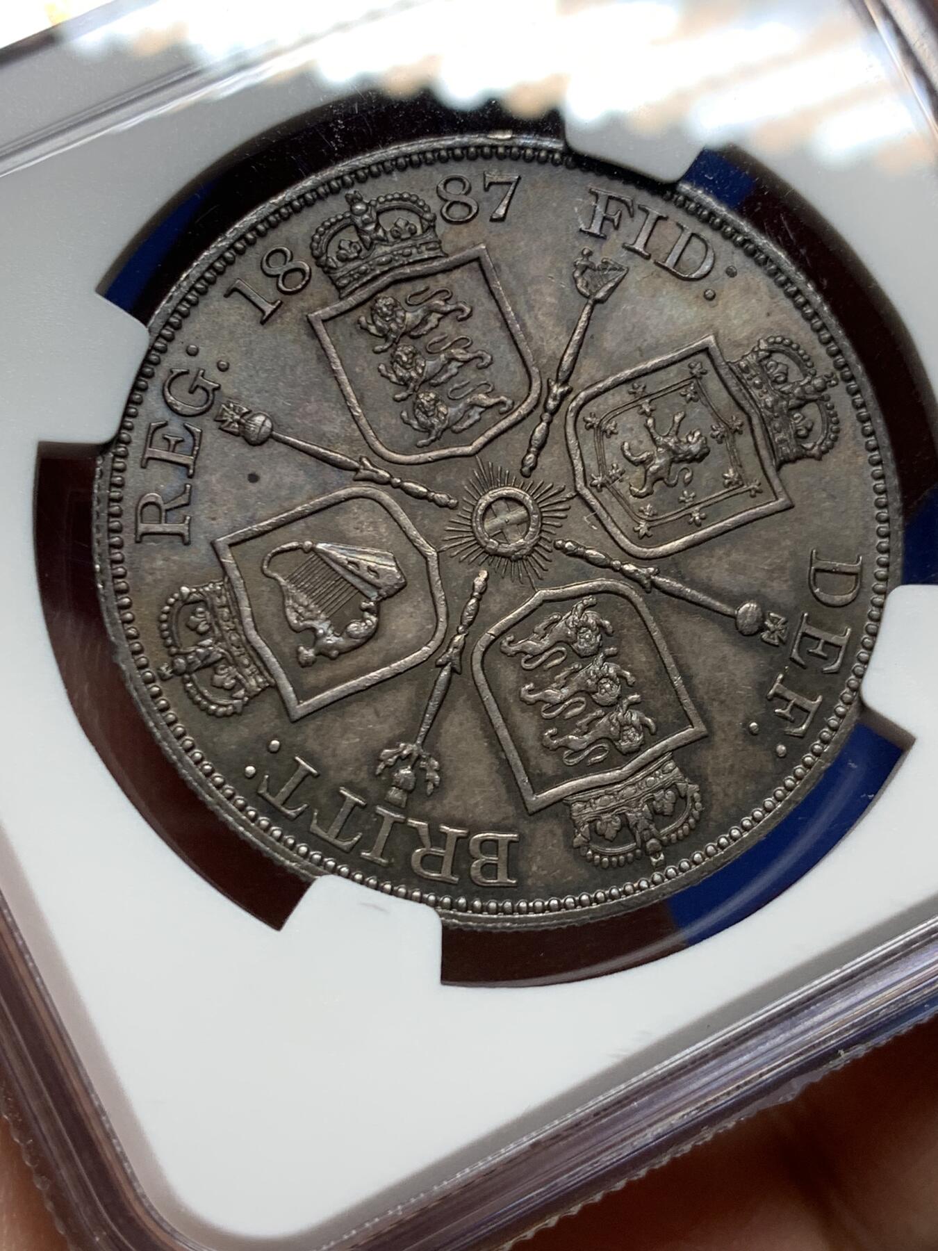 《竞宝斋》第396场 周日，周一，2场连拍 （全场包邮） NGC MS64 英国 1887 维多利亚双弗洛林银币   深峻初打  细节极佳  英伦深五彩包浆