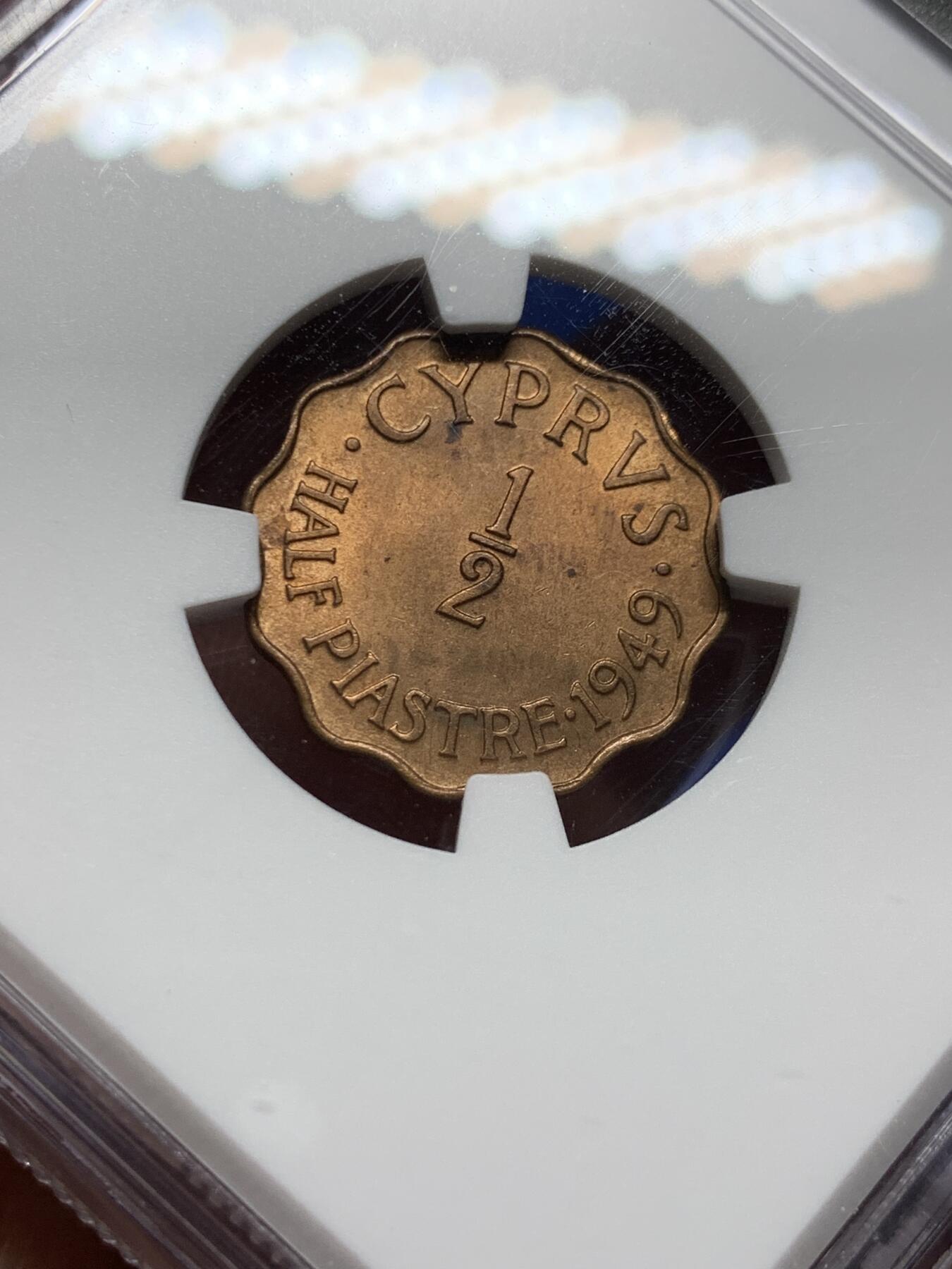 《竞宝斋》第396场 周日，周一，2场连拍 （全场包邮） NGC MS64RB 英属塞浦路斯1949年1/2分铜币 乔治六世头像