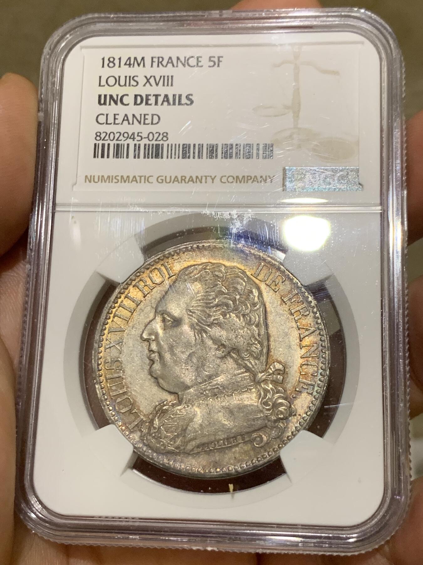 《竞宝斋》第396场 周日，周一，2场连拍 （全场包邮） NGC UNCD 法国1814年路易十八戎装版5法郎银币 人像像深打 凹凸有致 高耸发丝体力感强 养眼包浆