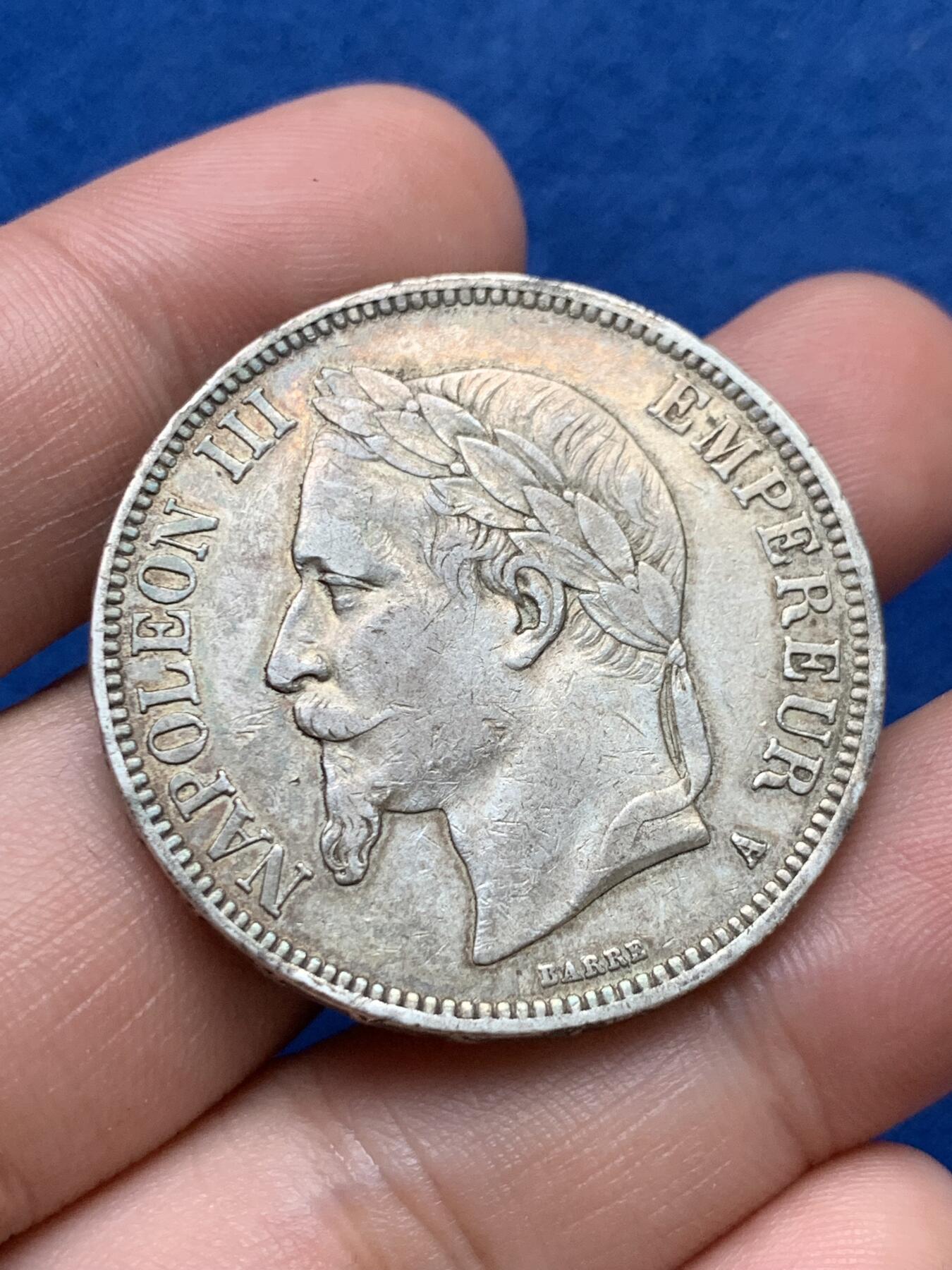 《竞宝斋》第397场 周日，周一，2场连拍 （全场包邮） 西班牙1867年拿破仑三世5法郎银币，原味包浆