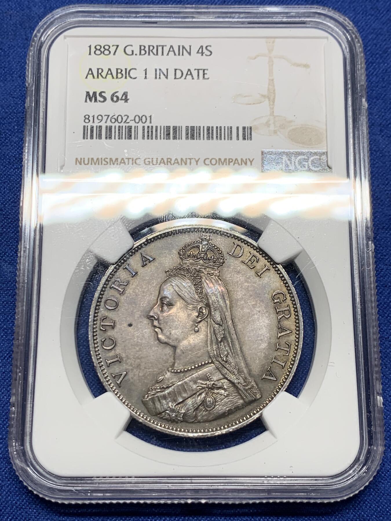 《竞宝斋》第396场 周日，周一，2场连拍 （全场包邮） NGC MS64 英国 1887 维多利亚双弗洛林银币   深峻初打  细节极佳  英伦深五彩包浆