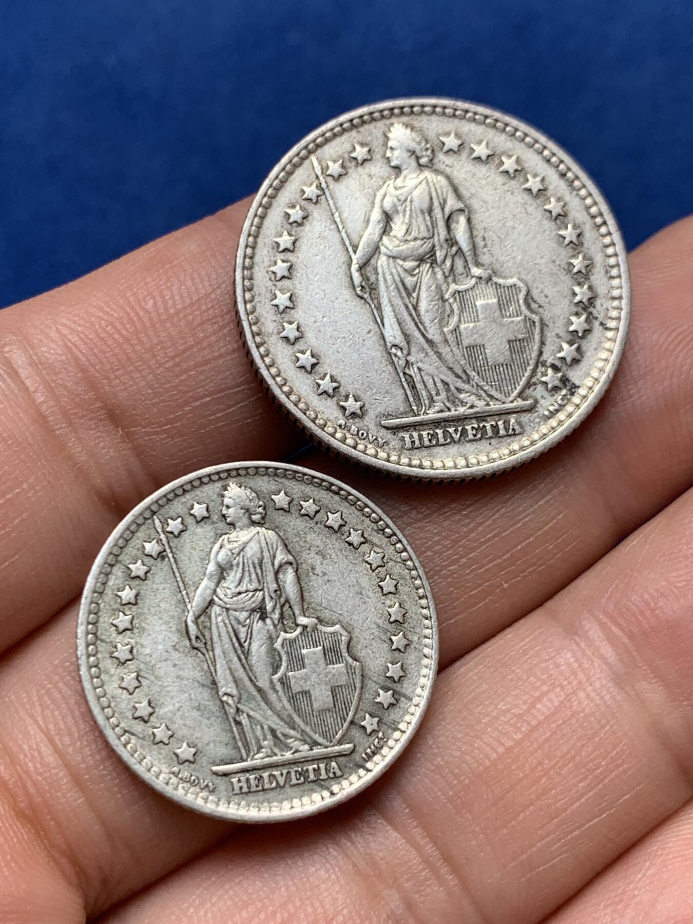 《竞宝斋》第396场 周日，周一，2场连拍 （全场包邮） 两枚一组 瑞士女神银币 1960年1法郎+早期1939年2法郎