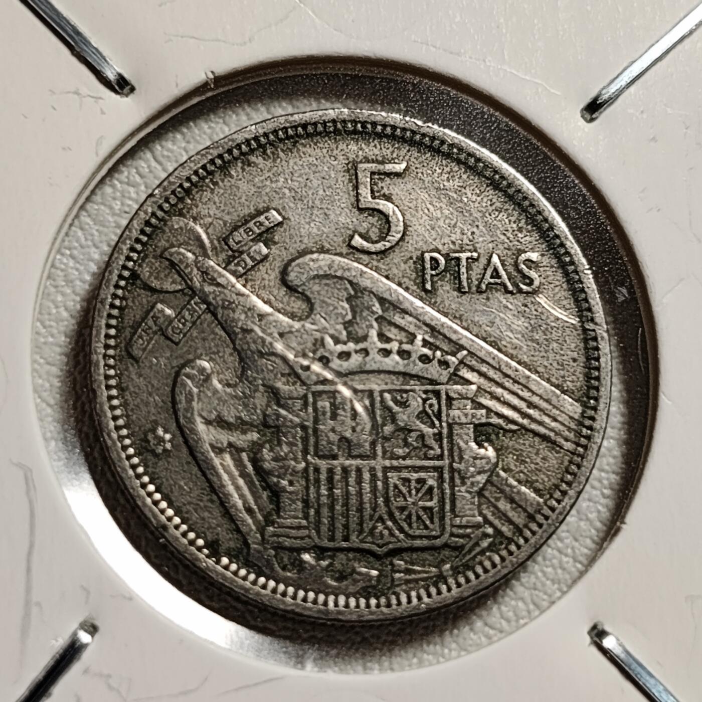 泉币菌-第44场-各国钱币 西班牙1957年 5比塞塔 弗朗哥鹰徽23mm