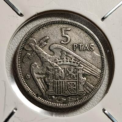 泉币菌-第44场-各国钱币 - 西班牙1957年 5比塞塔 弗朗哥鹰徽23mm