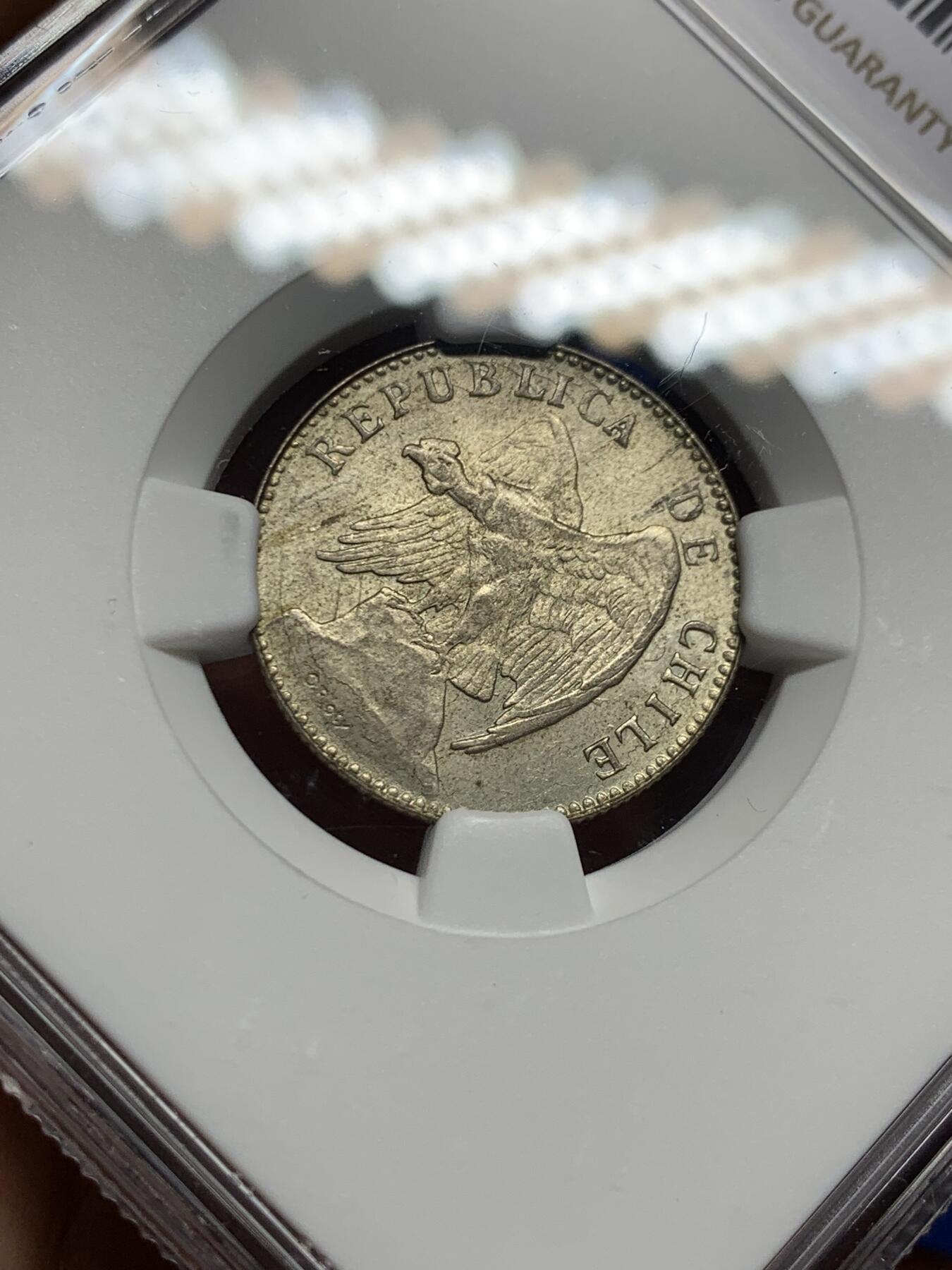 《竞宝斋》第396场 周日，周一，2场连拍 （全场包邮） NGC MS64 智利1919年20分银币 品相一流小辅币 更高分仅三枚