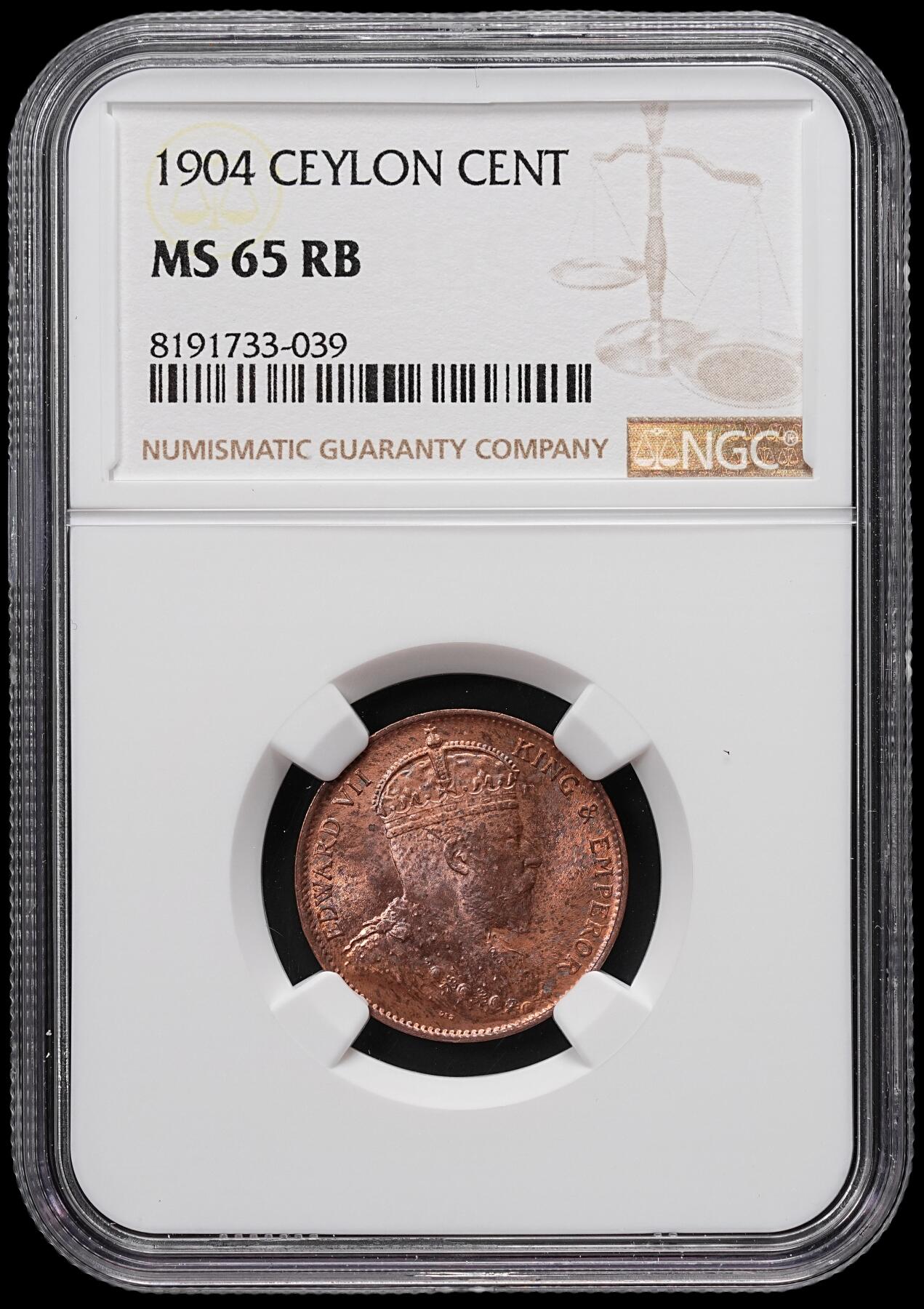 修遠堂世界钱币第七十六期 NGC MS65RB 1904年英属锡兰1分铜币